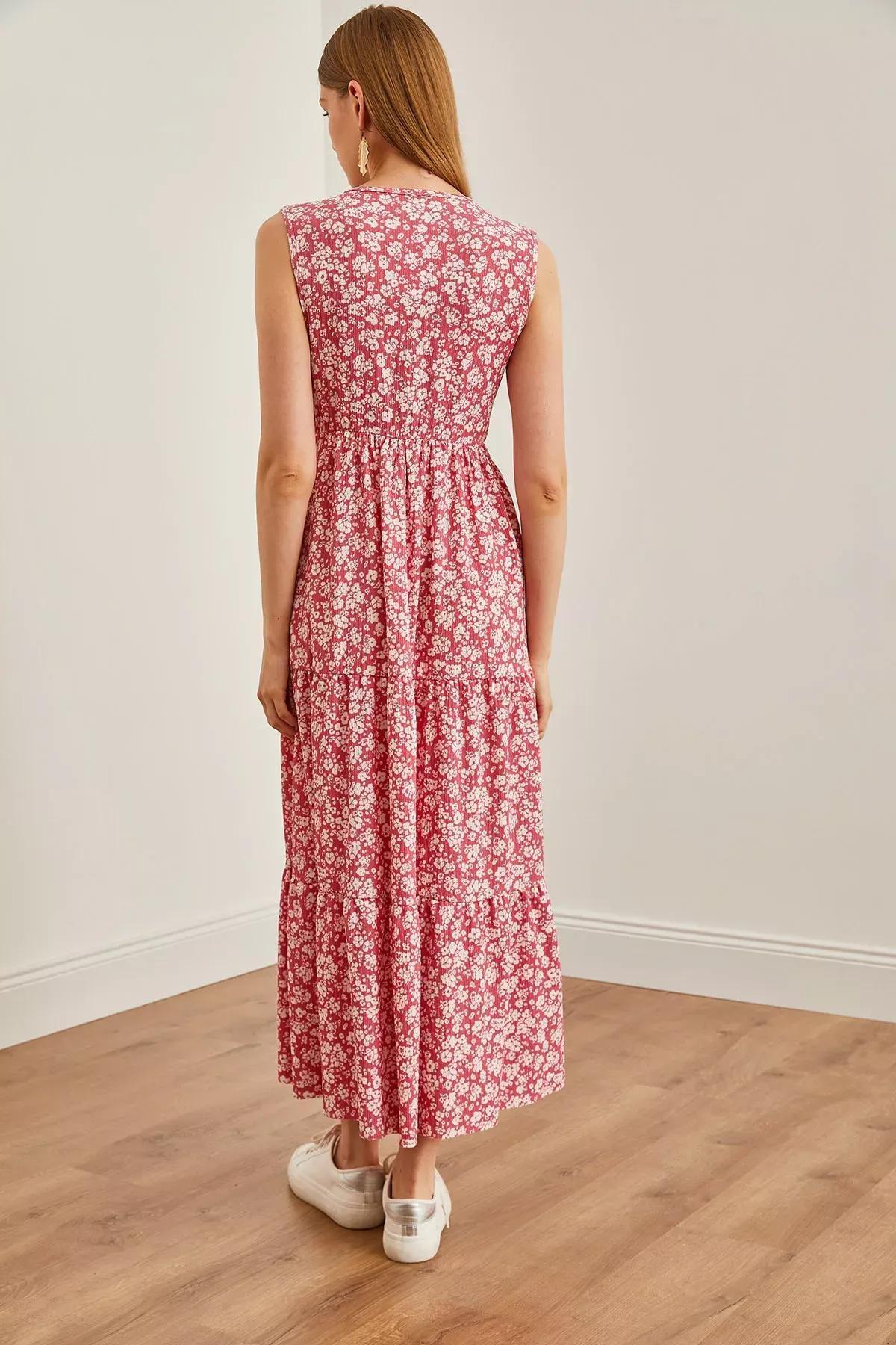 Womens Daisy Pink Double Breasted Collar Patterned Maxi Knitted Dress ELB-19002125, single, C101_6262, large image number 4