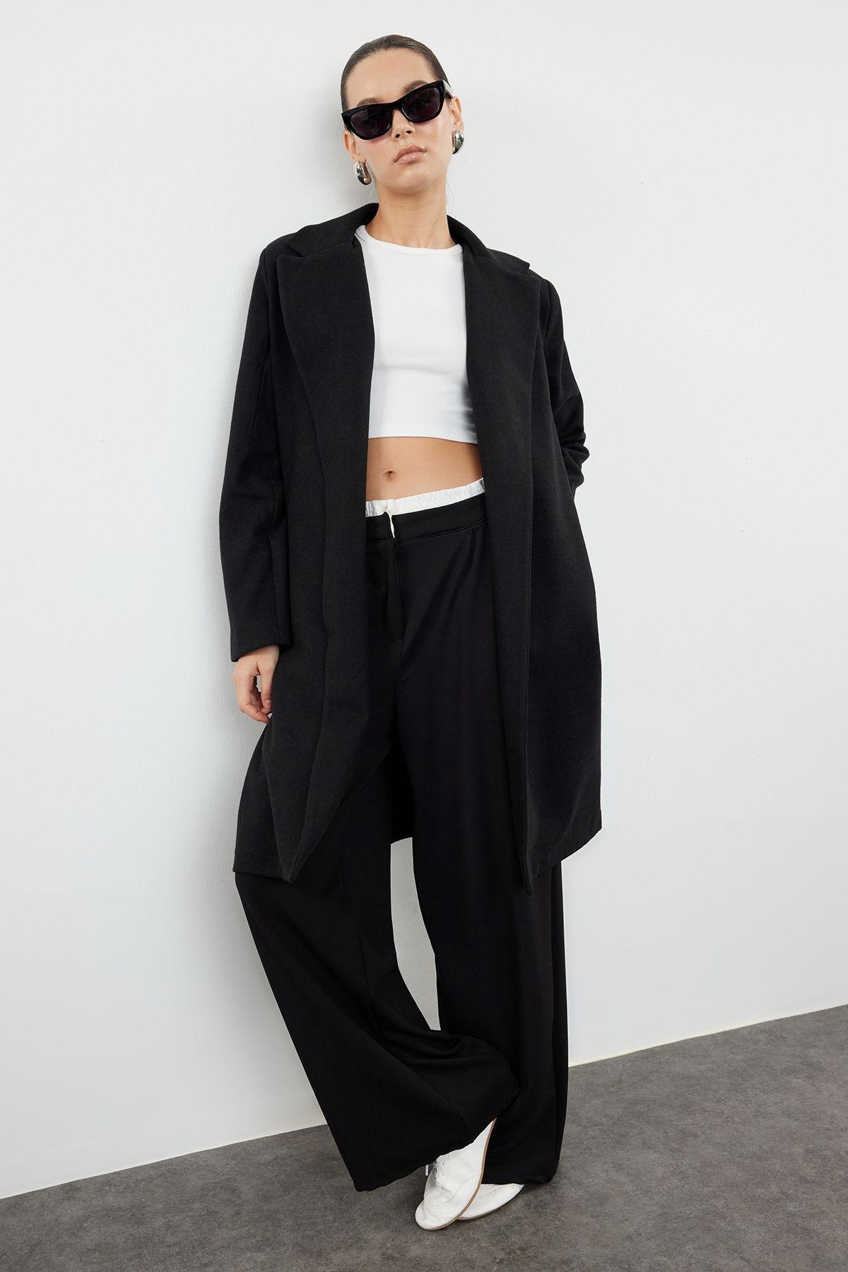 Black Unlined Soft Textured Unlined Knitted Cashmere Coat TWOAW25KB00037, , large image number 0