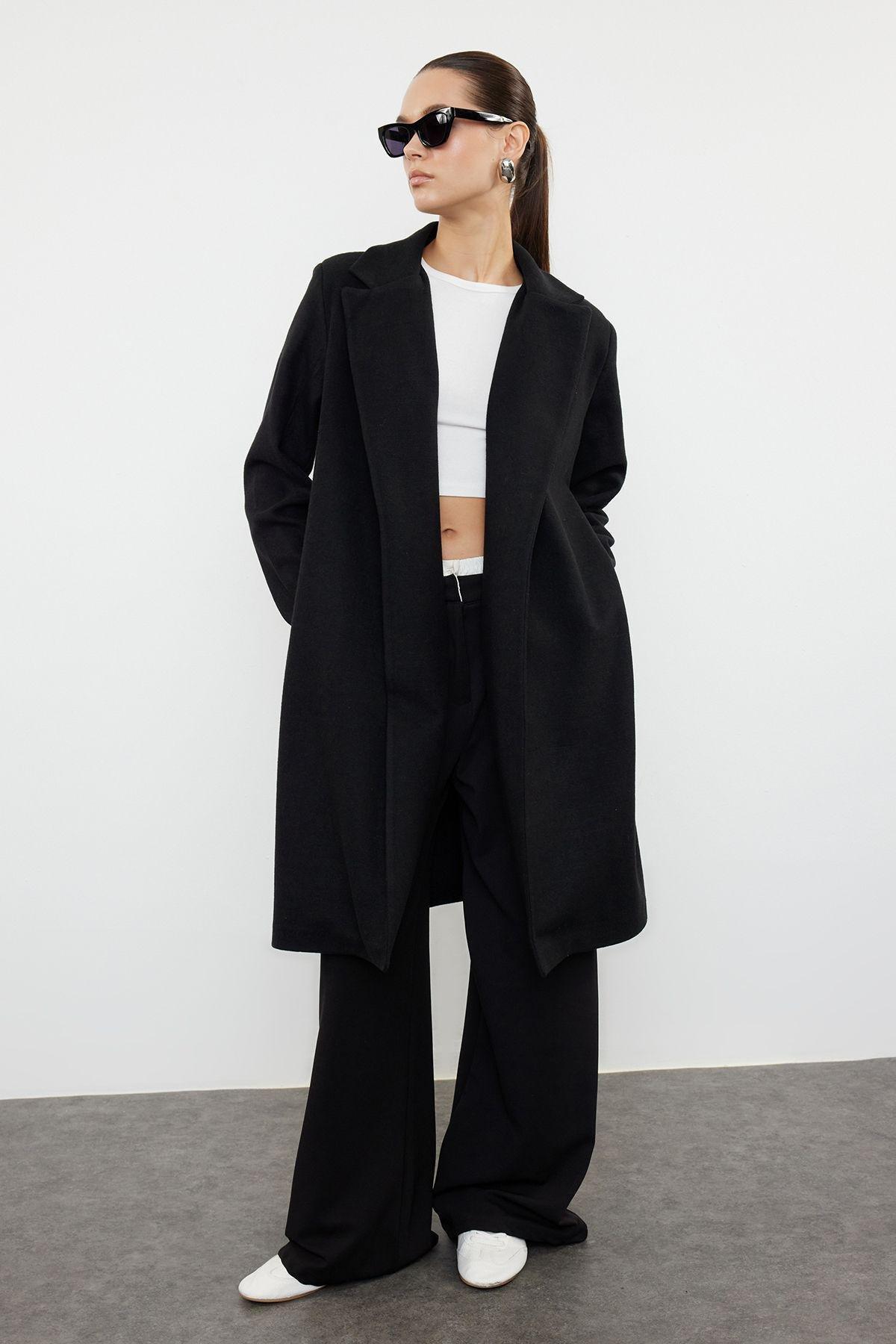 Black Unlined Soft Textured Unlined Knitted Cashmere Coat TWOAW25KB00037, , large image number 1