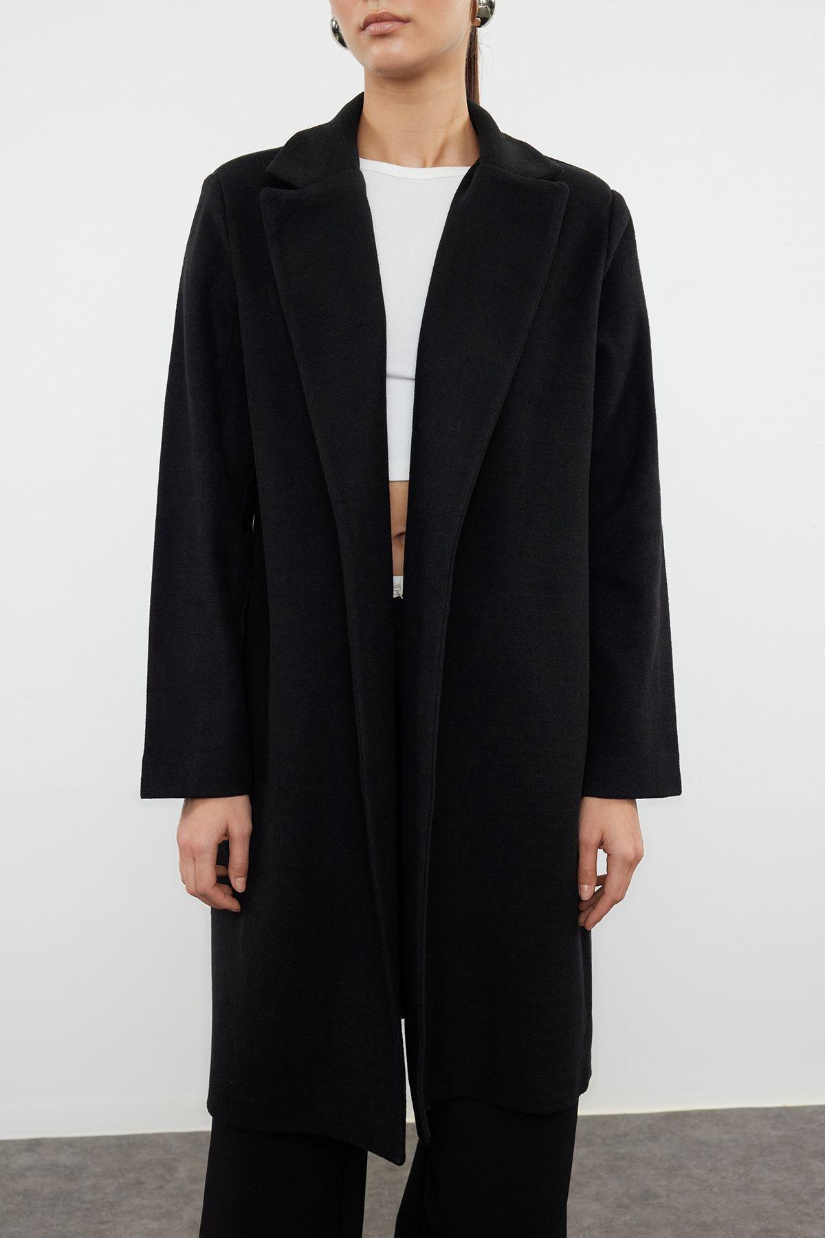 Black Unlined Soft Textured Unlined Knitted Cashmere Coat TWOAW25KB00037, , large image number 2