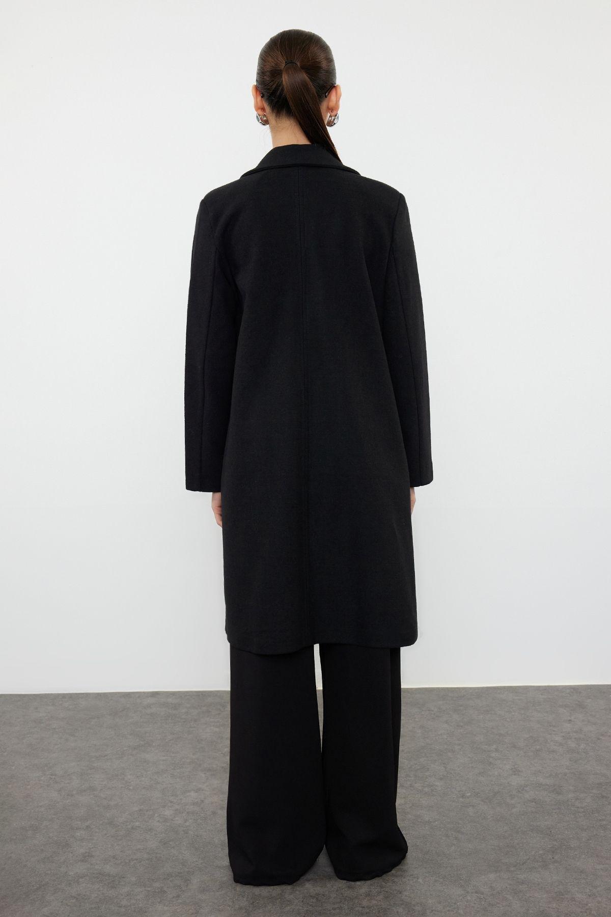 Black Unlined Soft Textured Unlined Knitted Cashmere Coat TWOAW25KB00037, , large image number 4