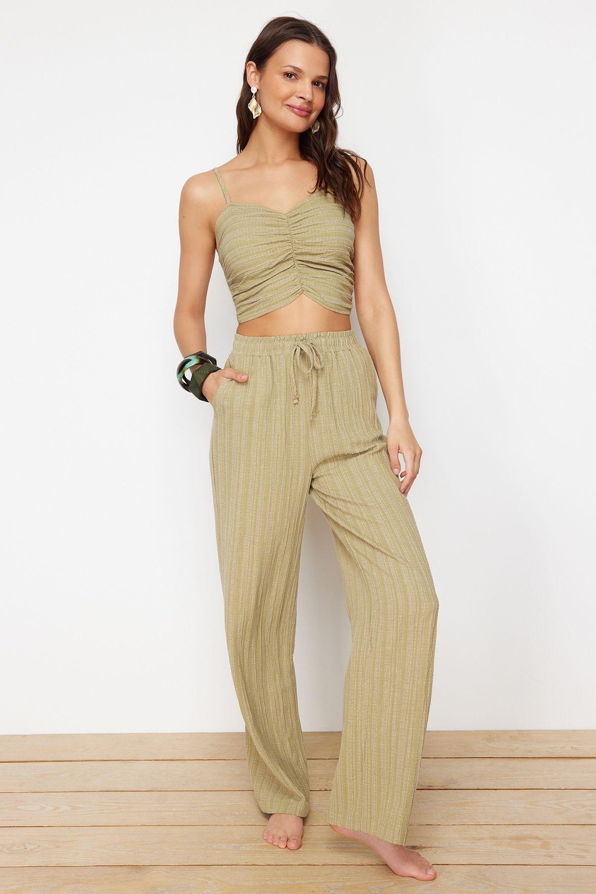 Khaki Set Textured Top Trousers, , large image number 1