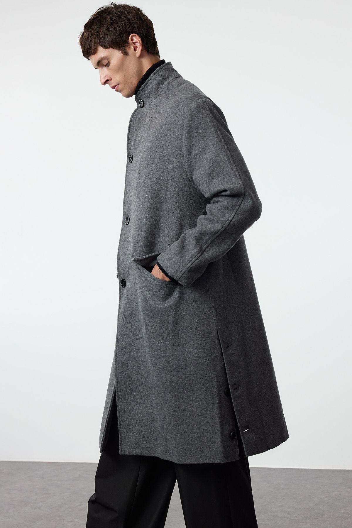 Anthracite Oversize Fit Stand Collar Long Stash Winter Coat TMNAW25KB00005, Single item, , large image number 0