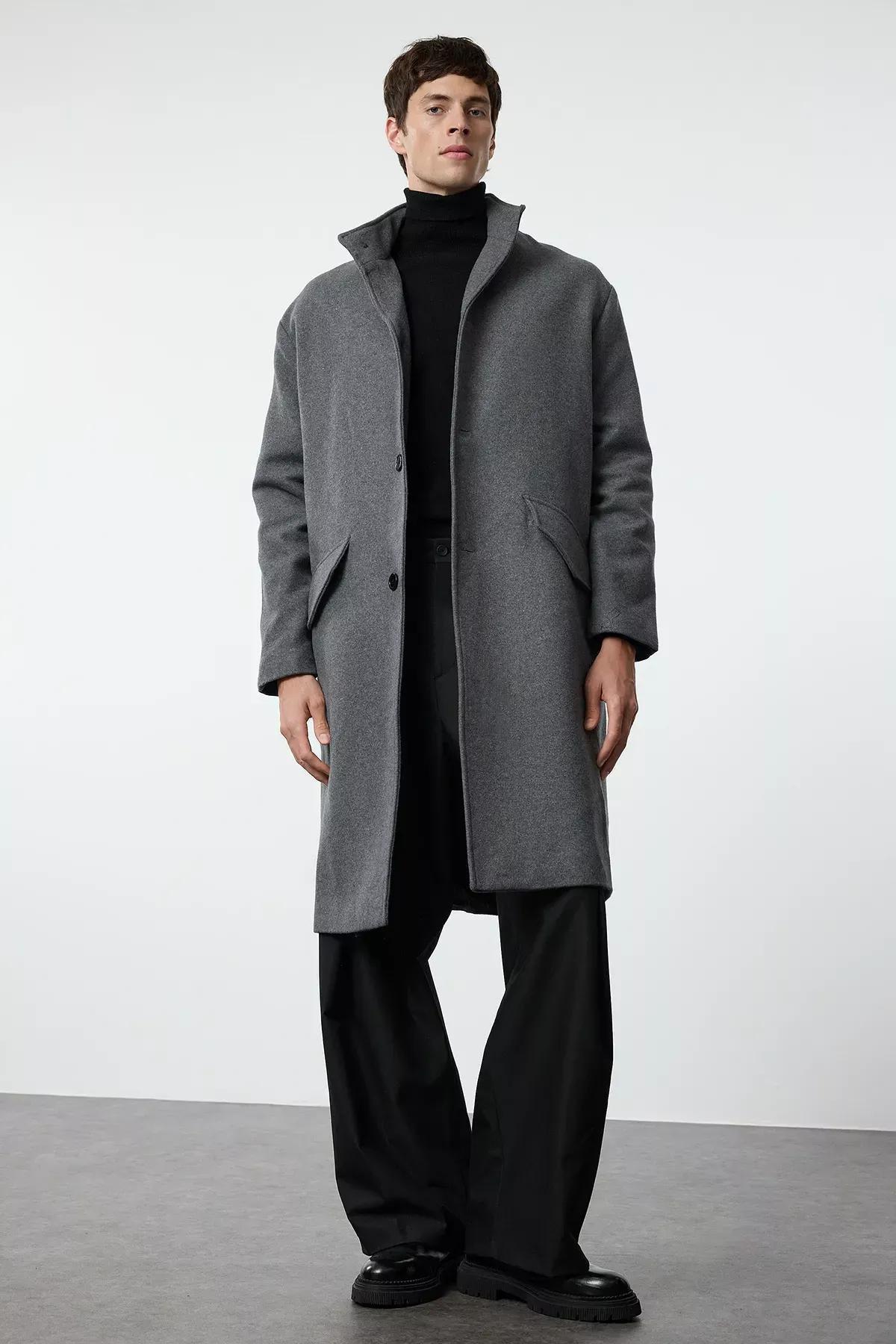 Grey Oversize Stand Collar Winter Coat, Anthracite, medium