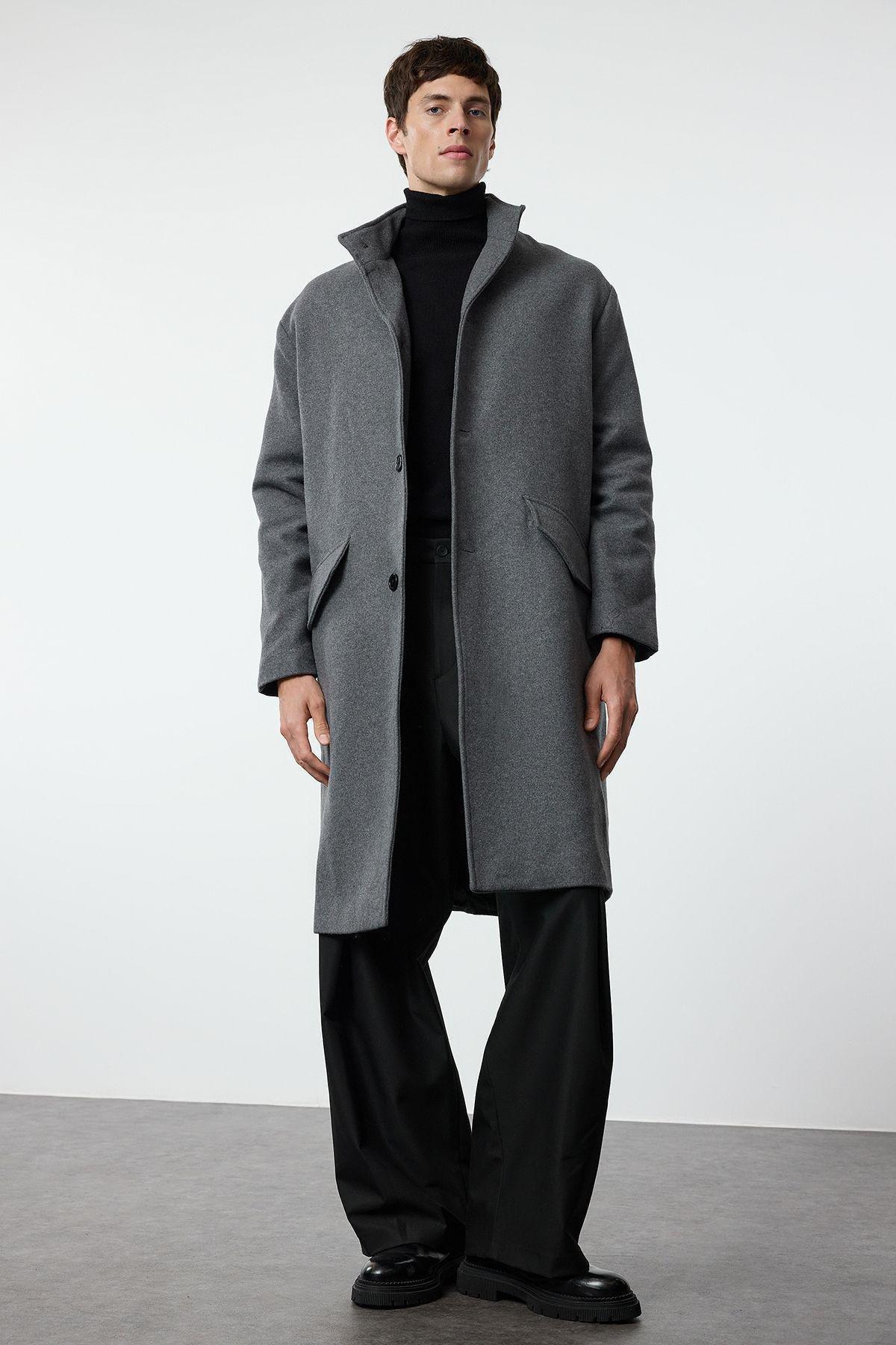 Anthracite Oversize Fit Stand Collar Long Stash Winter Coat TMNAW25KB00005, Single item, , large image number 1