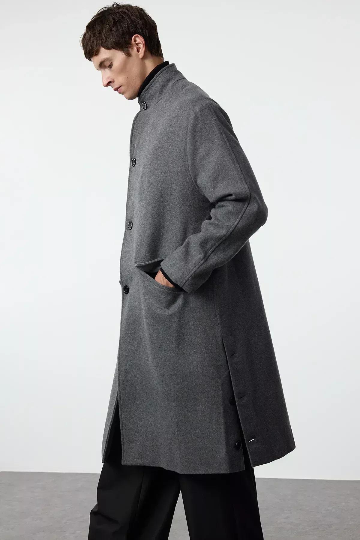 Grey Oversize Stand Collar Winter Coat, Anthracite, medium