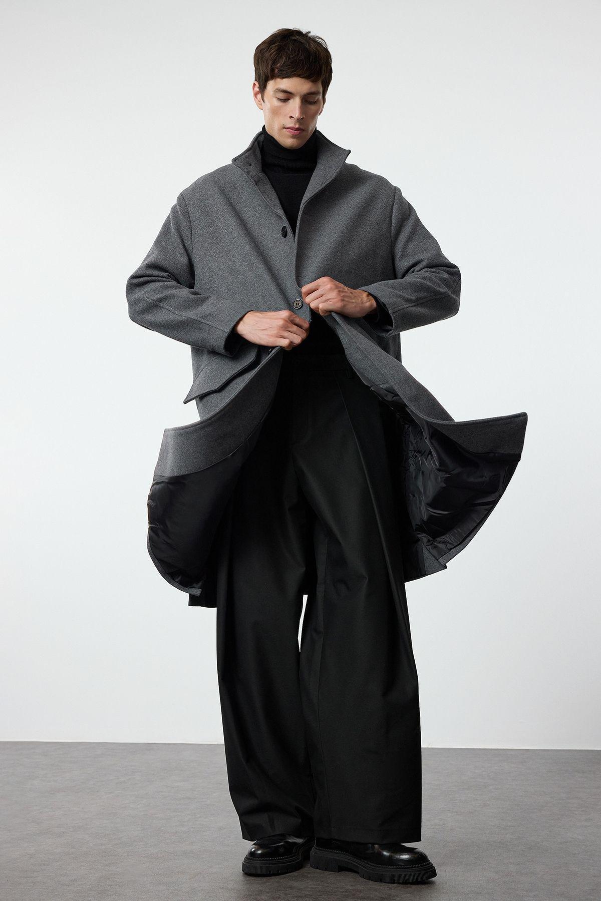 Anthracite Oversize Fit Stand Collar Long Stash Winter Coat TMNAW25KB00005, Single item, , large image number 2