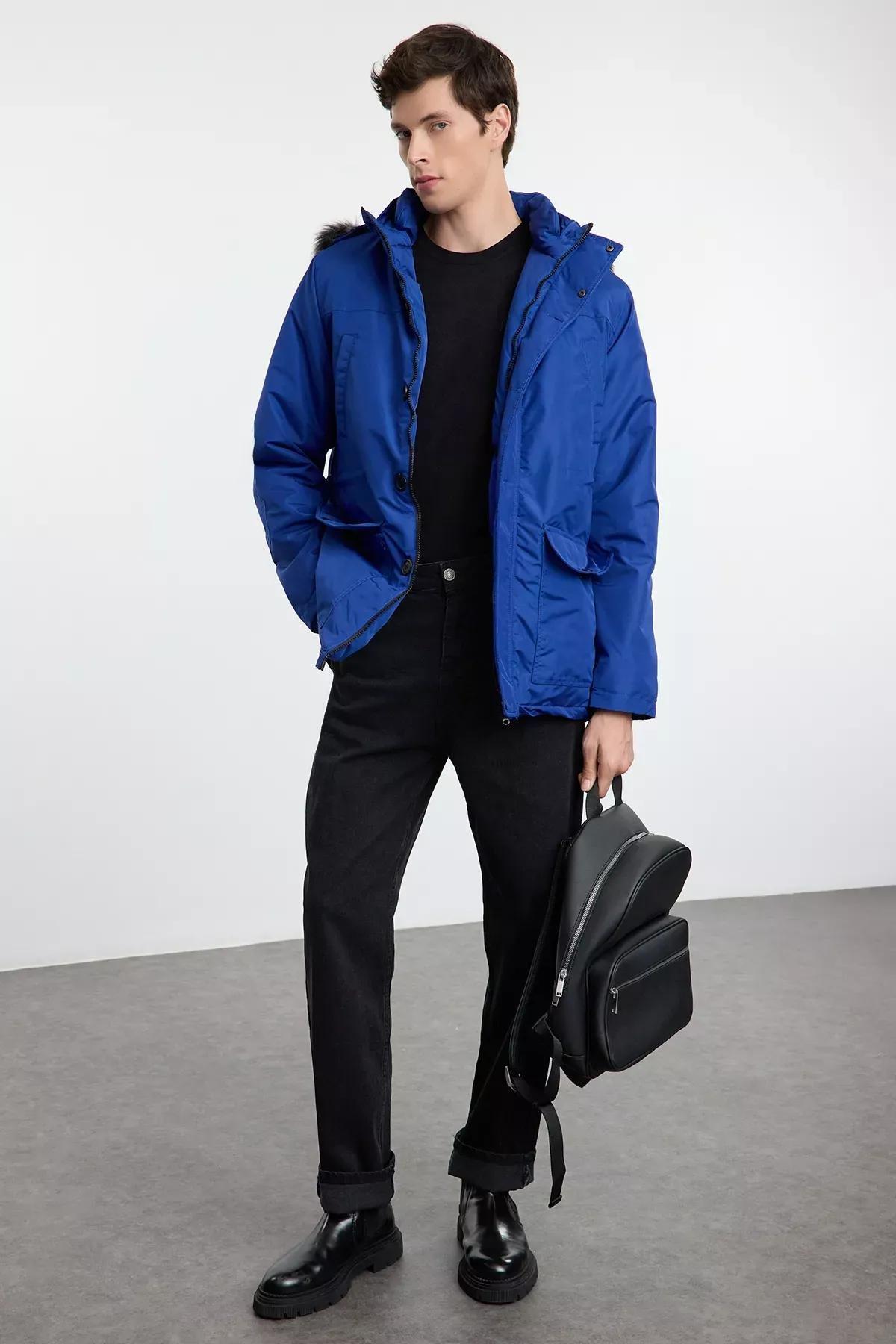 Blue Regular Fit Winter Parka Coat, , large image number 0