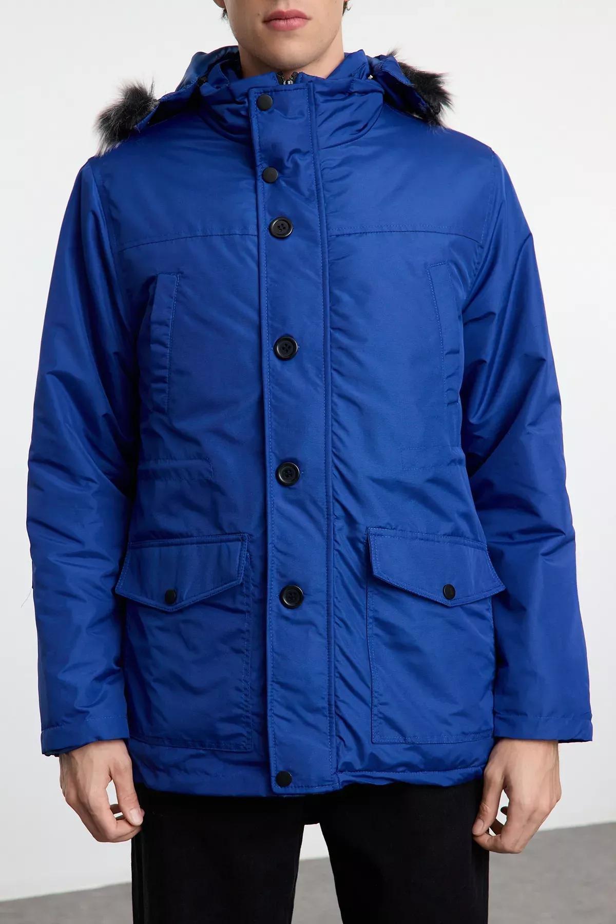 Blue Regular Fit Winter Parka Coat, , large image number 1