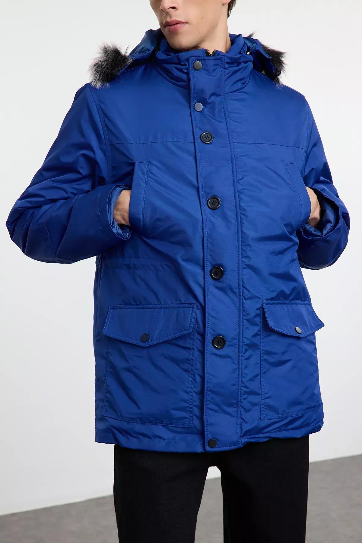 Blue Regular Fit Winter Parka Coat, , large image number 2