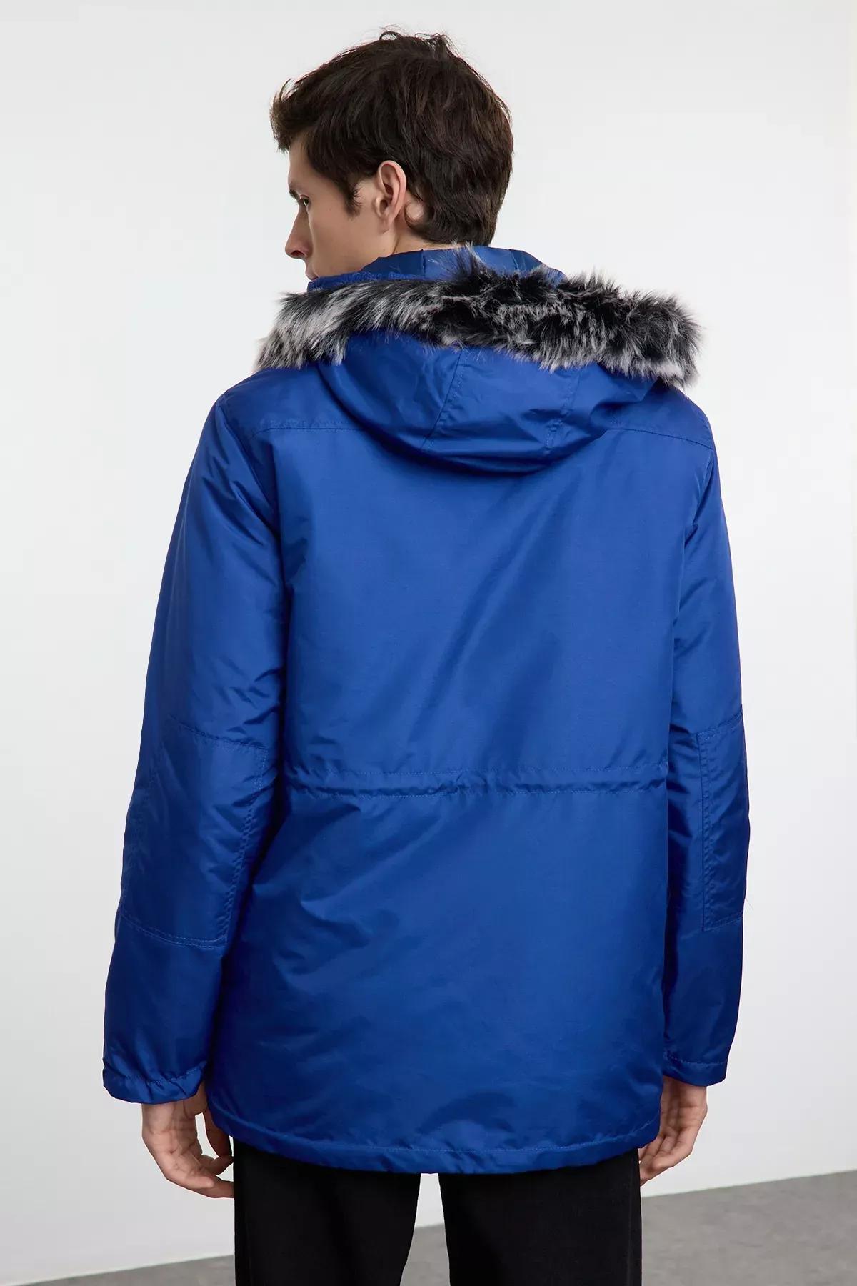 Blue Regular Fit Winter Parka Coat, , large image number 4