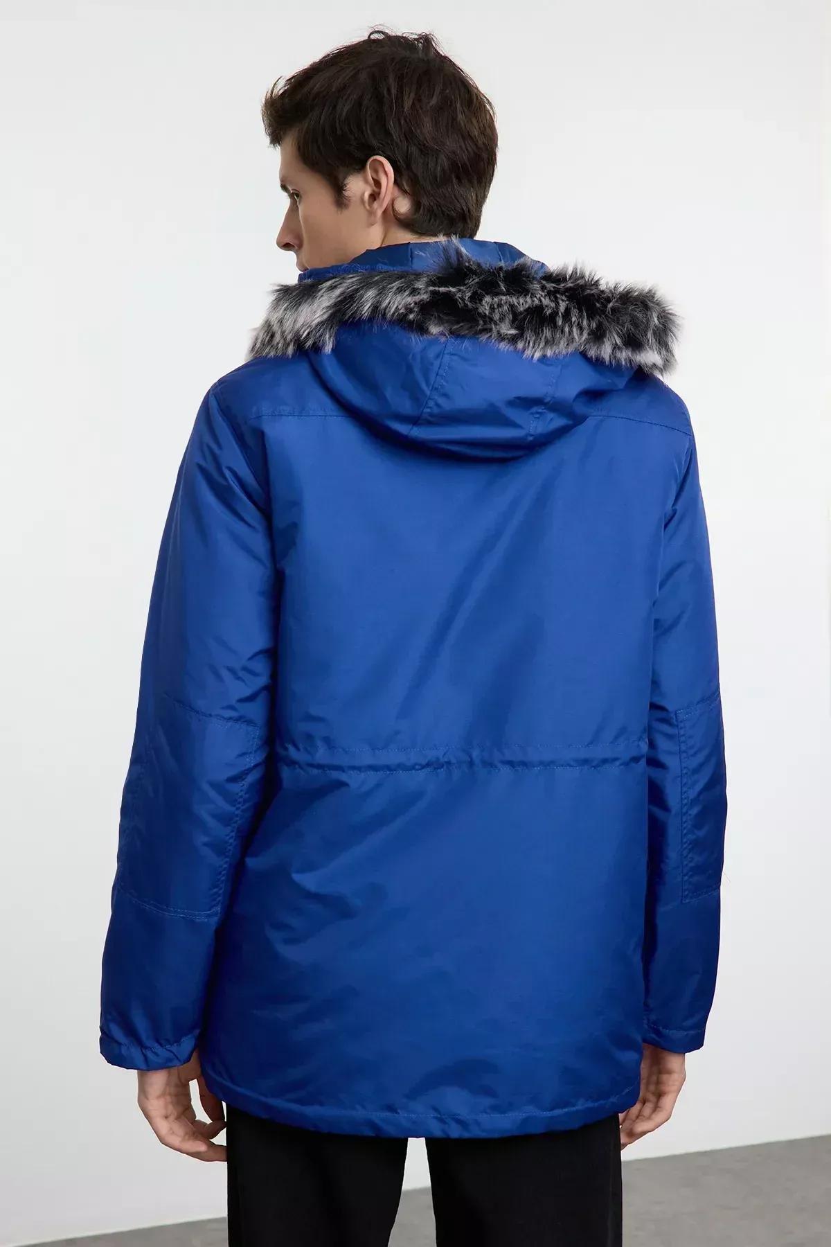 Blue Regular Fit Winter Parka Coat, Sax, large image number 4