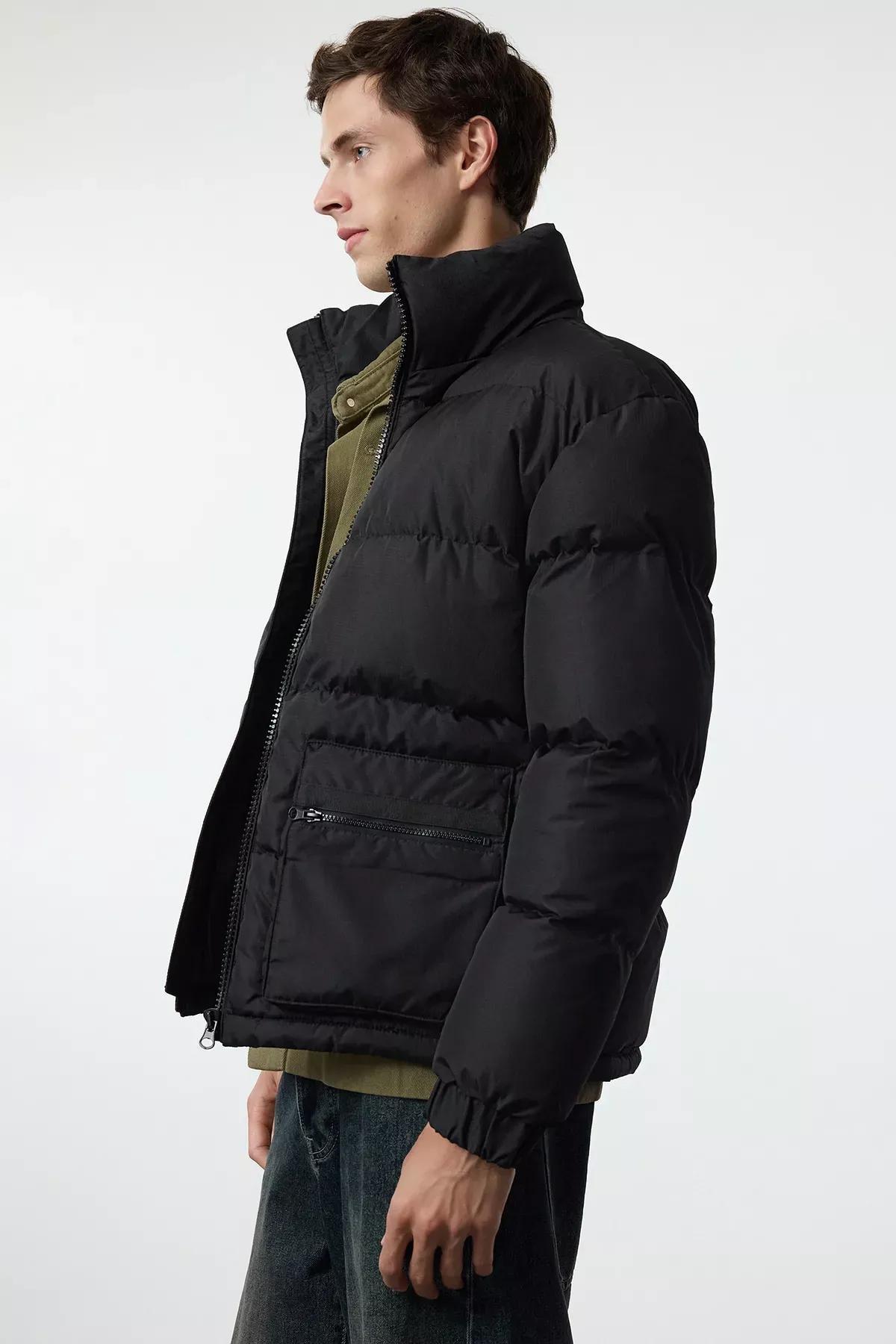 Black Regular Fit Puffer Winter Coat, BLACK, medium