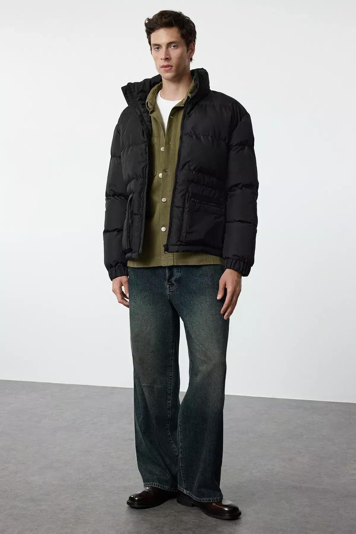 Black Regular Fit Puffer Winter Coat, BLACK, medium