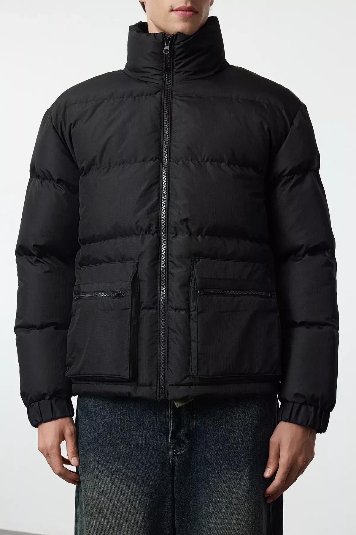 Black Regular Fit Puffer Winter Coat, BLACK, large image number 9