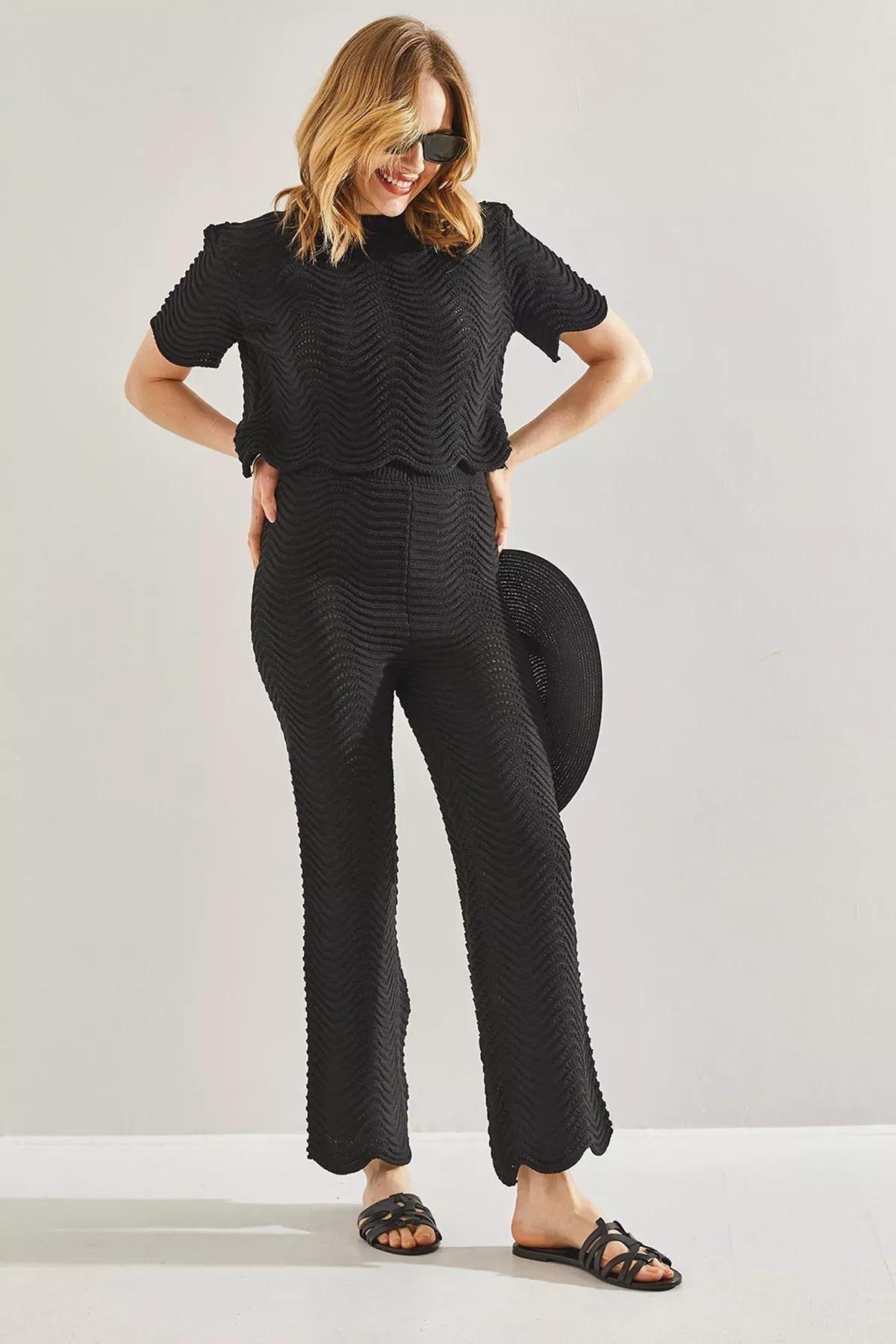 Black Knitwear Bottom Top Suit, BLACK, large image number 0
