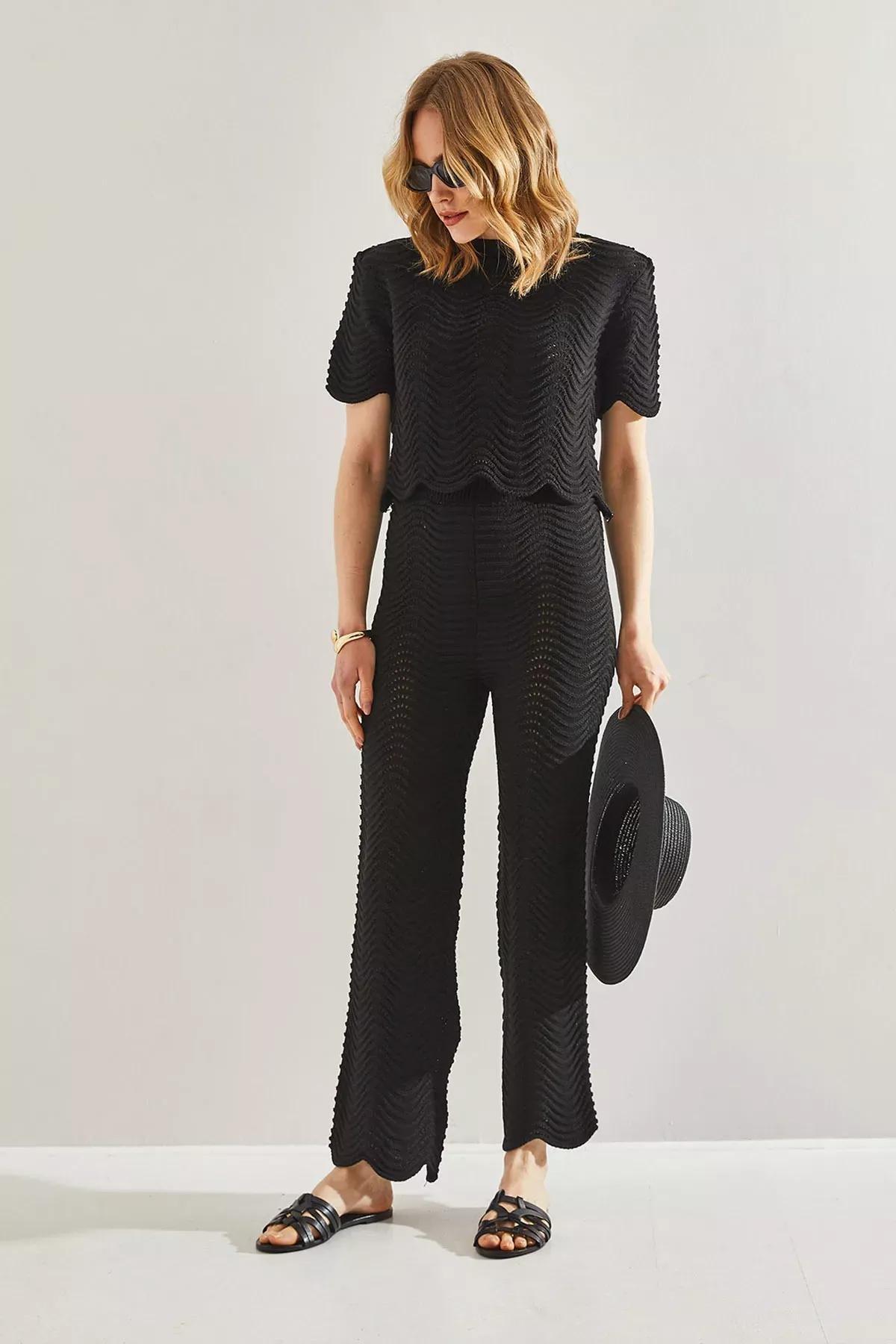 Black Knitwear Bottom Top Suit, BLACK, large image number 1