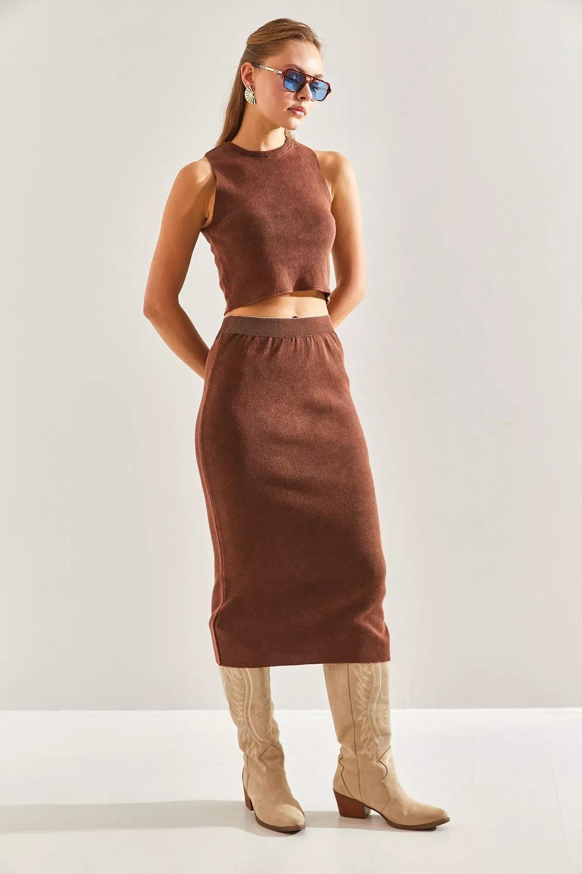 Brown Detailed Crop Knitwear Co-Ord Set, COFFEE, large image number 0