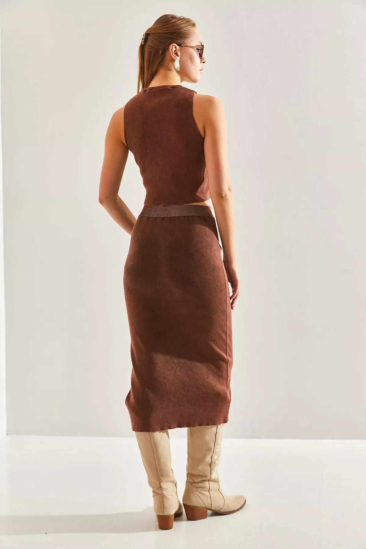 Brown Detailed Crop Knitwear Co-Ord Set, COFFEE, large image number 1