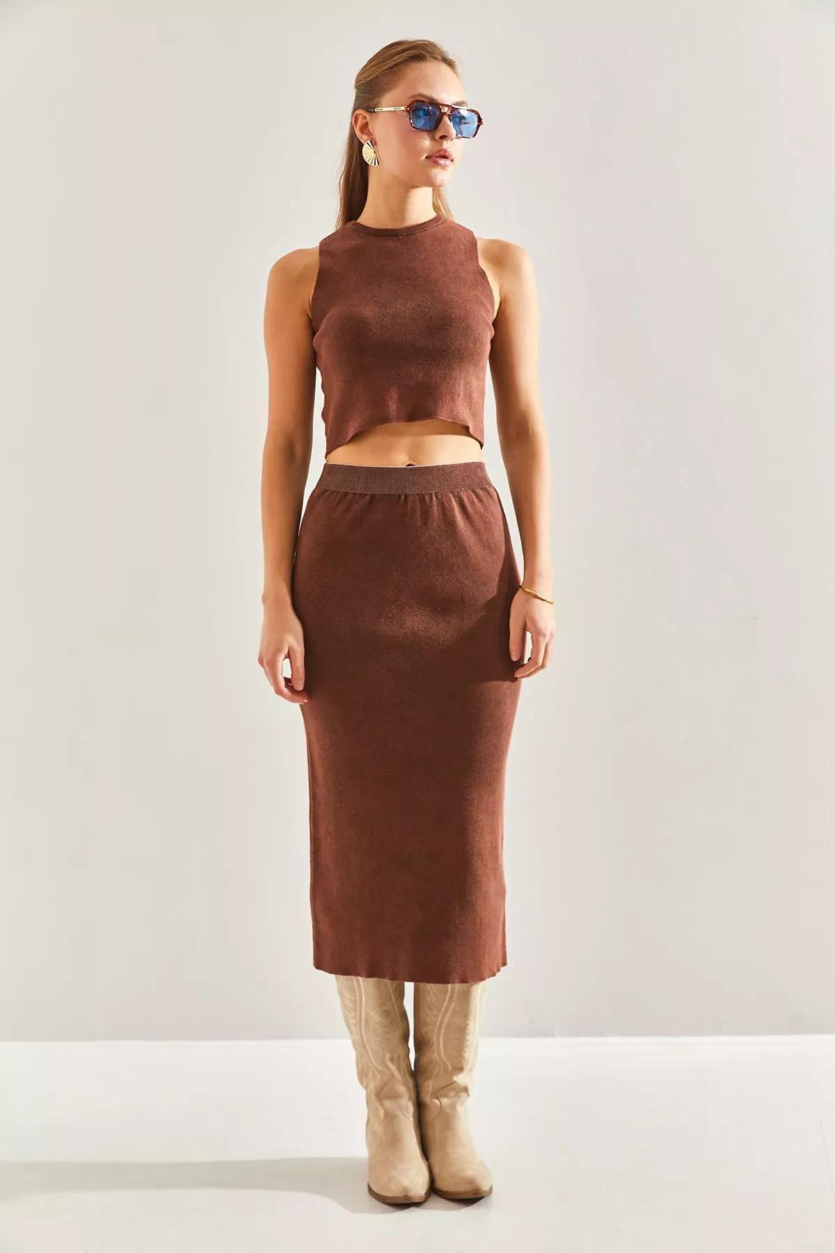 Brown Detailed Crop Knitwear Co-Ord Set, COFFEE, large image number 2