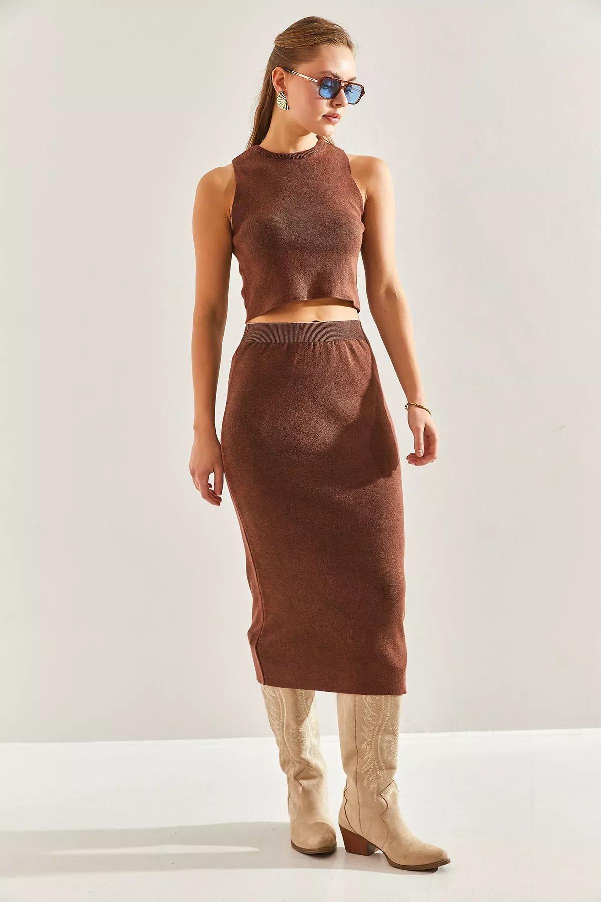 Brown Detailed Crop Knitwear Co-Ord Set, COFFEE, large image number 3