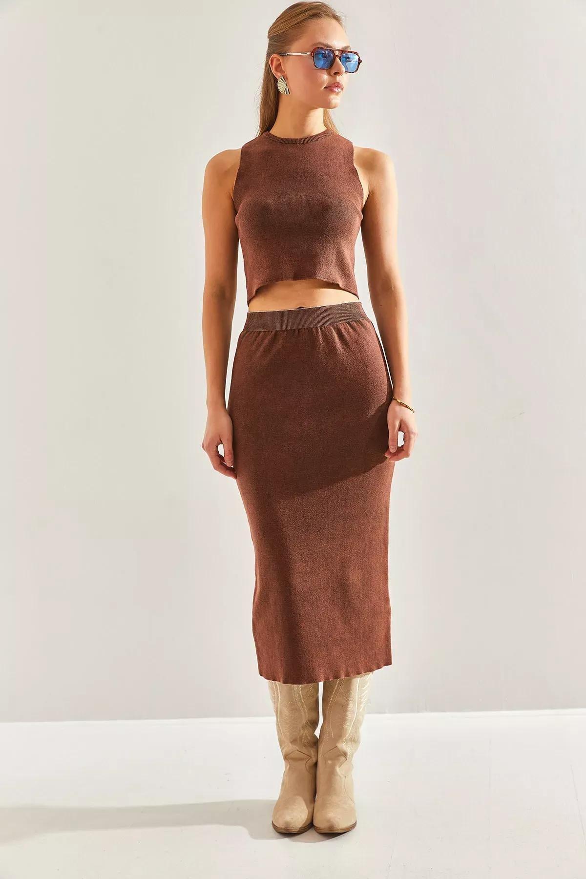 Brown Detailed Crop Knitwear Co-Ord Set, COFFEE, large image number 4