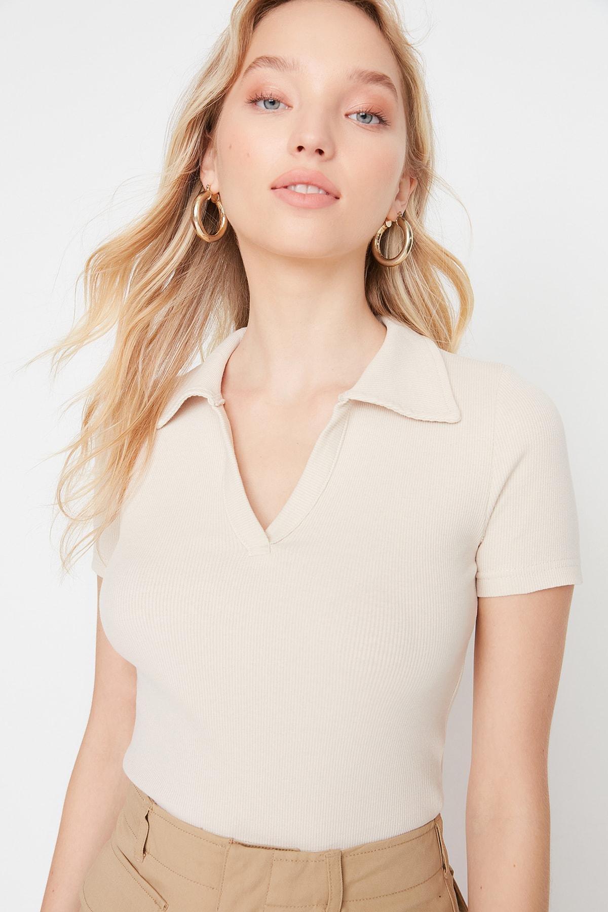 Beige Slim Polo Neck Blouse, , large image number 0