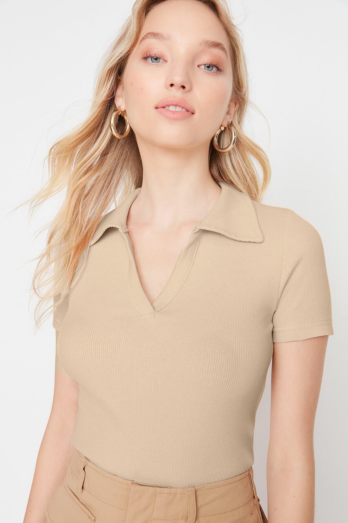 Beige Slim Polo Neck Blouse, , large image number 2