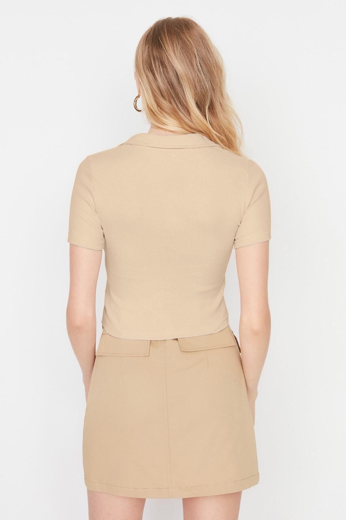 Beige Slim Polo Neck Blouse, , large image number 5