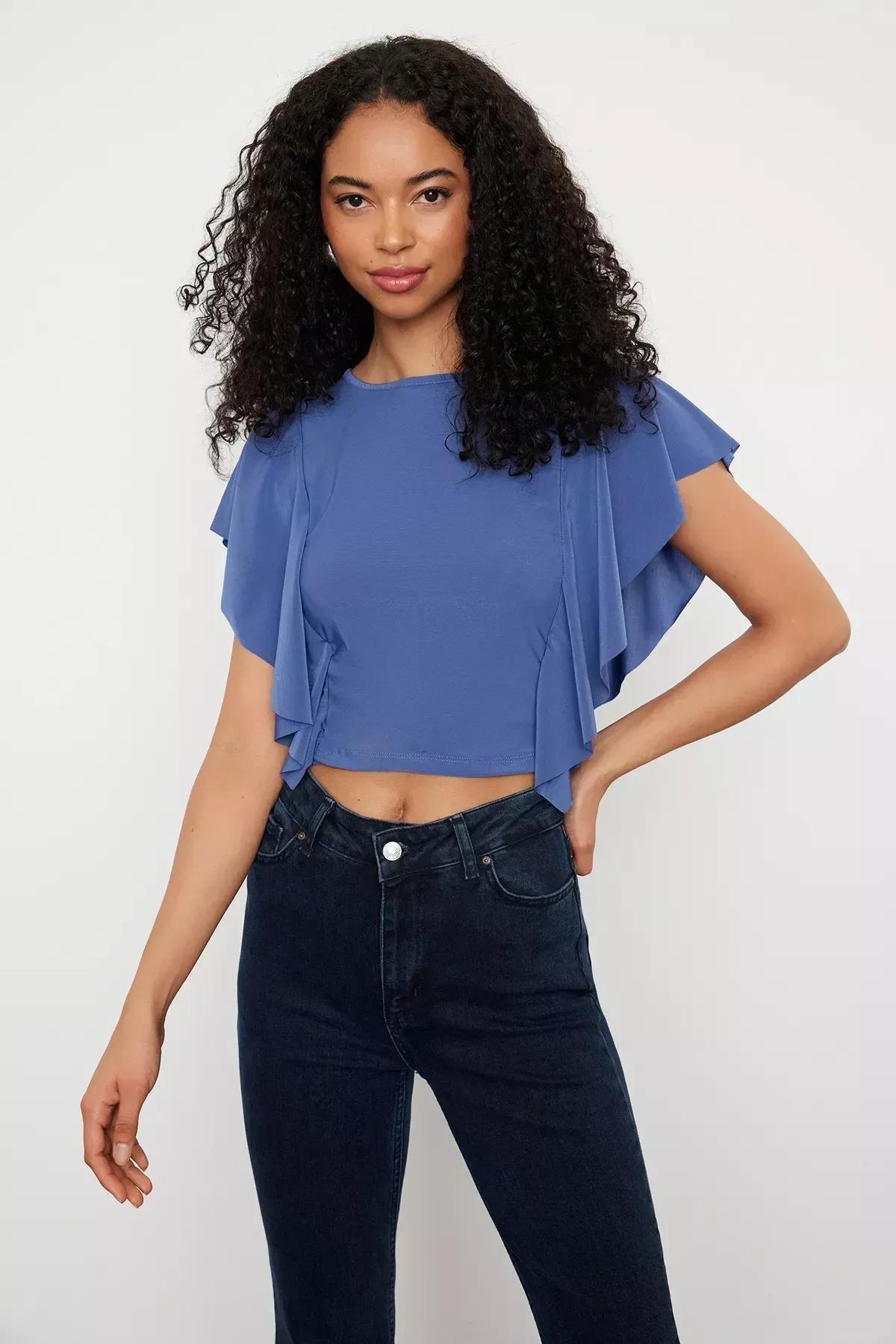 Indigo Ruffle Frills Blouse, Indigo, large image number 0