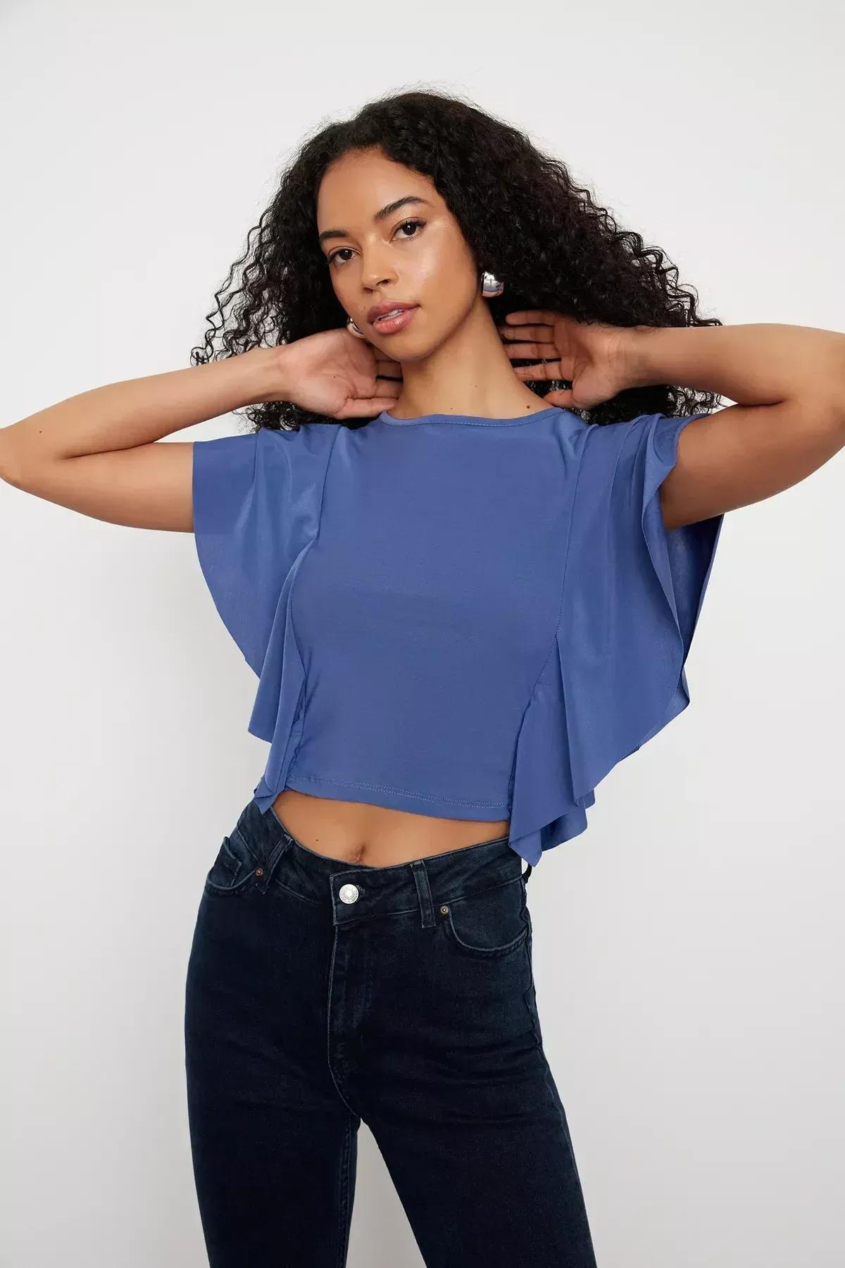 Indigo Ruffle Frills Blouse, Indigo, large image number 1