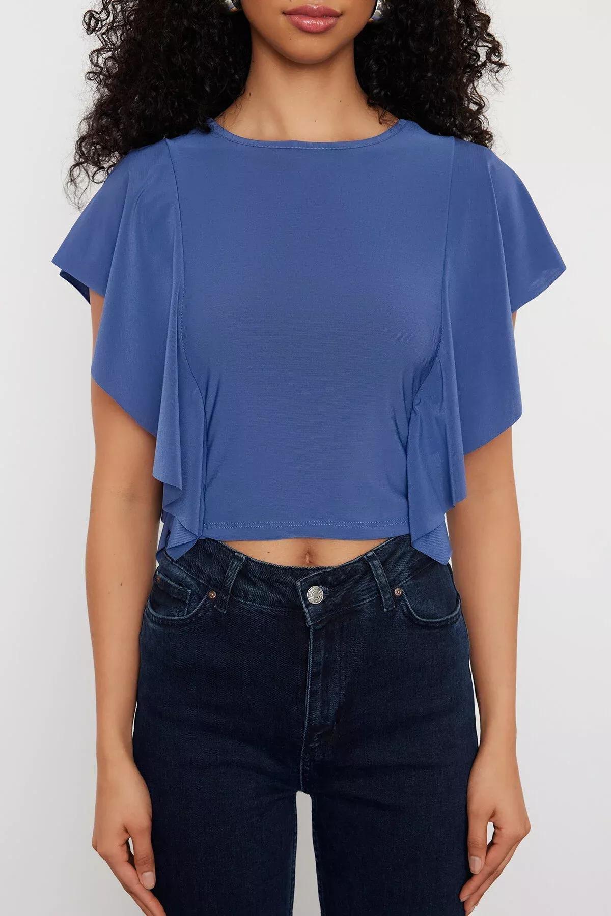 Indigo Ruffle Frills Blouse, Indigo, large image number 4