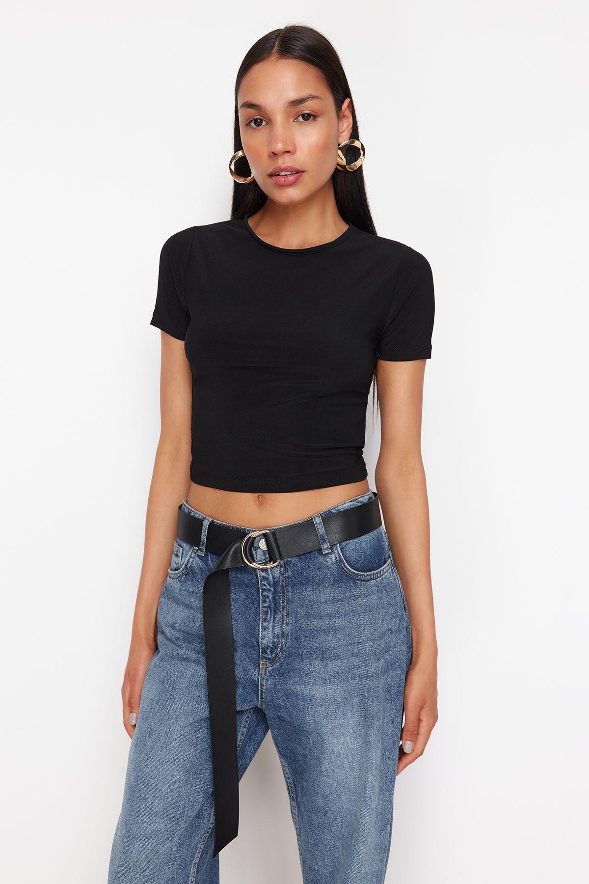 Black Plain Crop Shirt TWOSS24BZ00639, , large image number 0