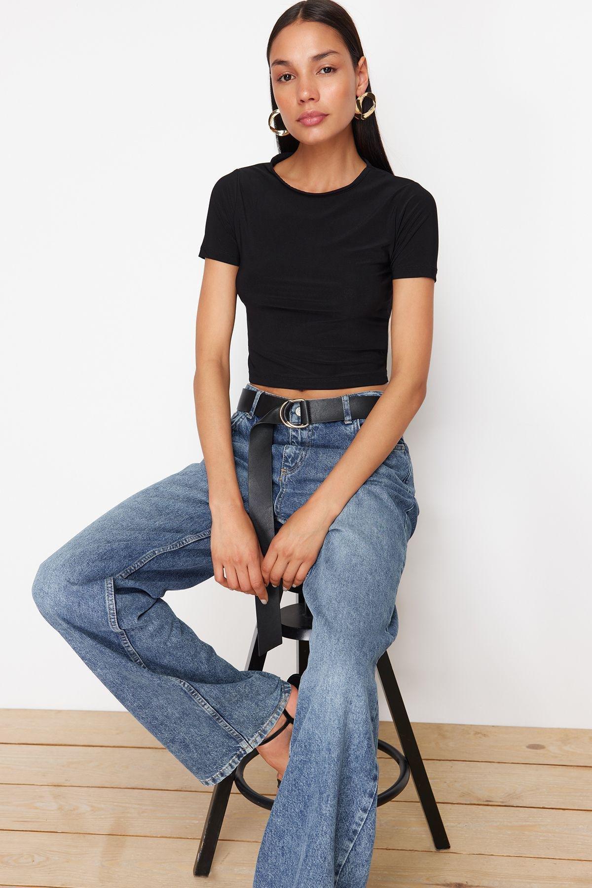 Black Plain Crop Shirt TWOSS24BZ00639, , large image number 1