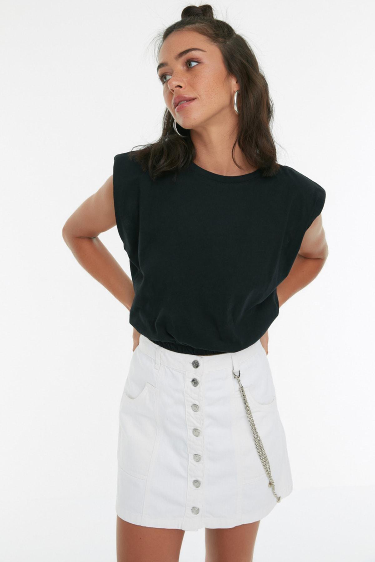 Black Crew Neck Cap Sleeve T-Shirt, , large image number 2