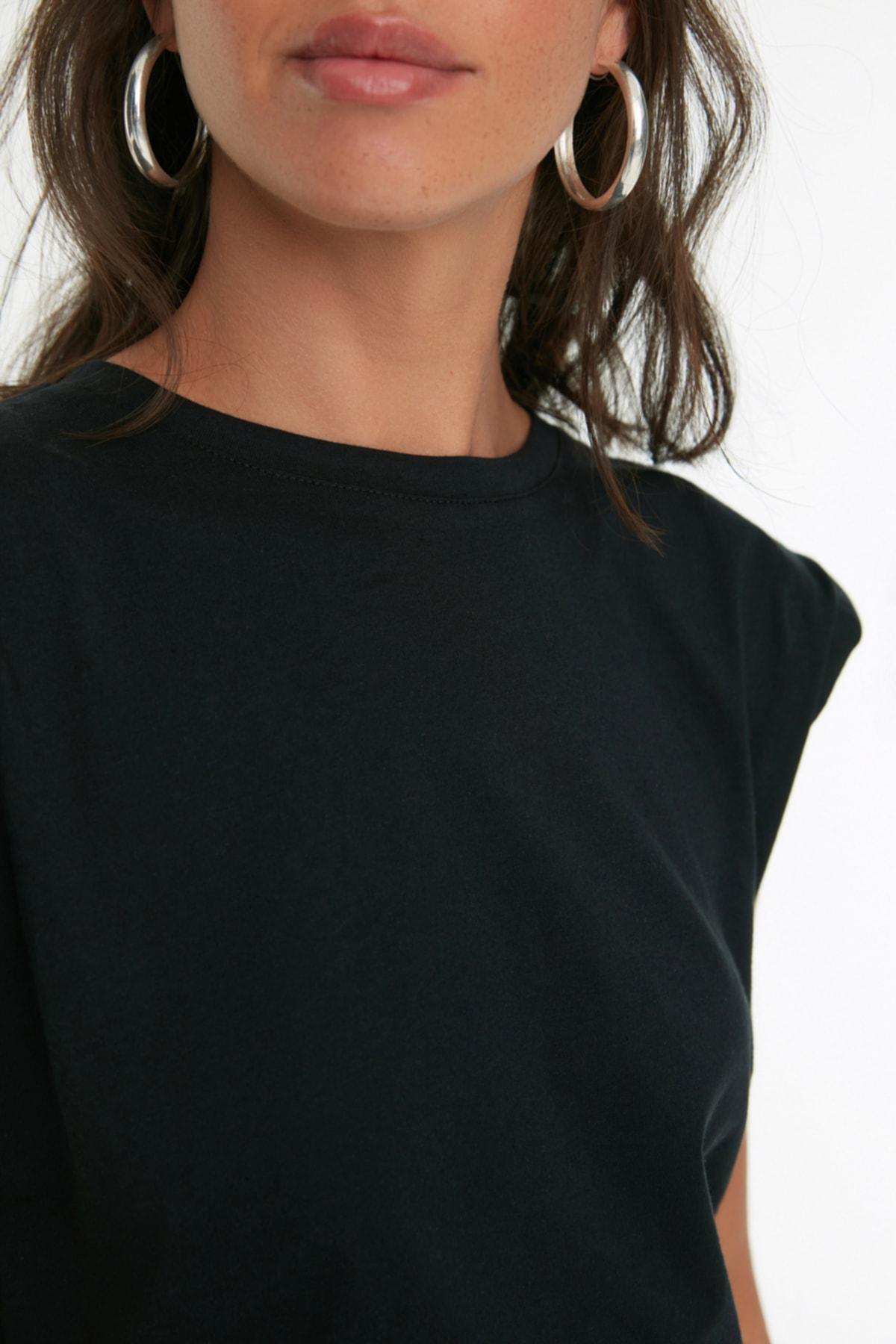 Black Crew Neck Cap Sleeve T-Shirt, , large image number 3
