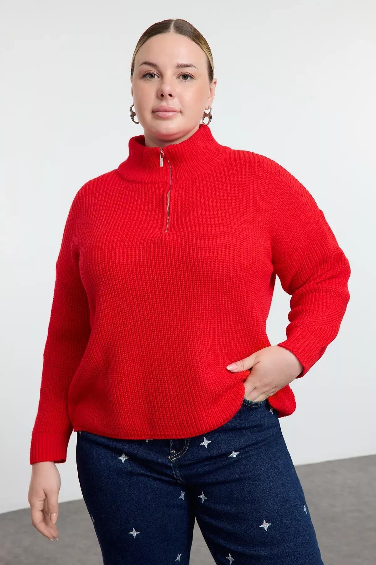 Red Zipper Collar Sweater, Red, large image number 0