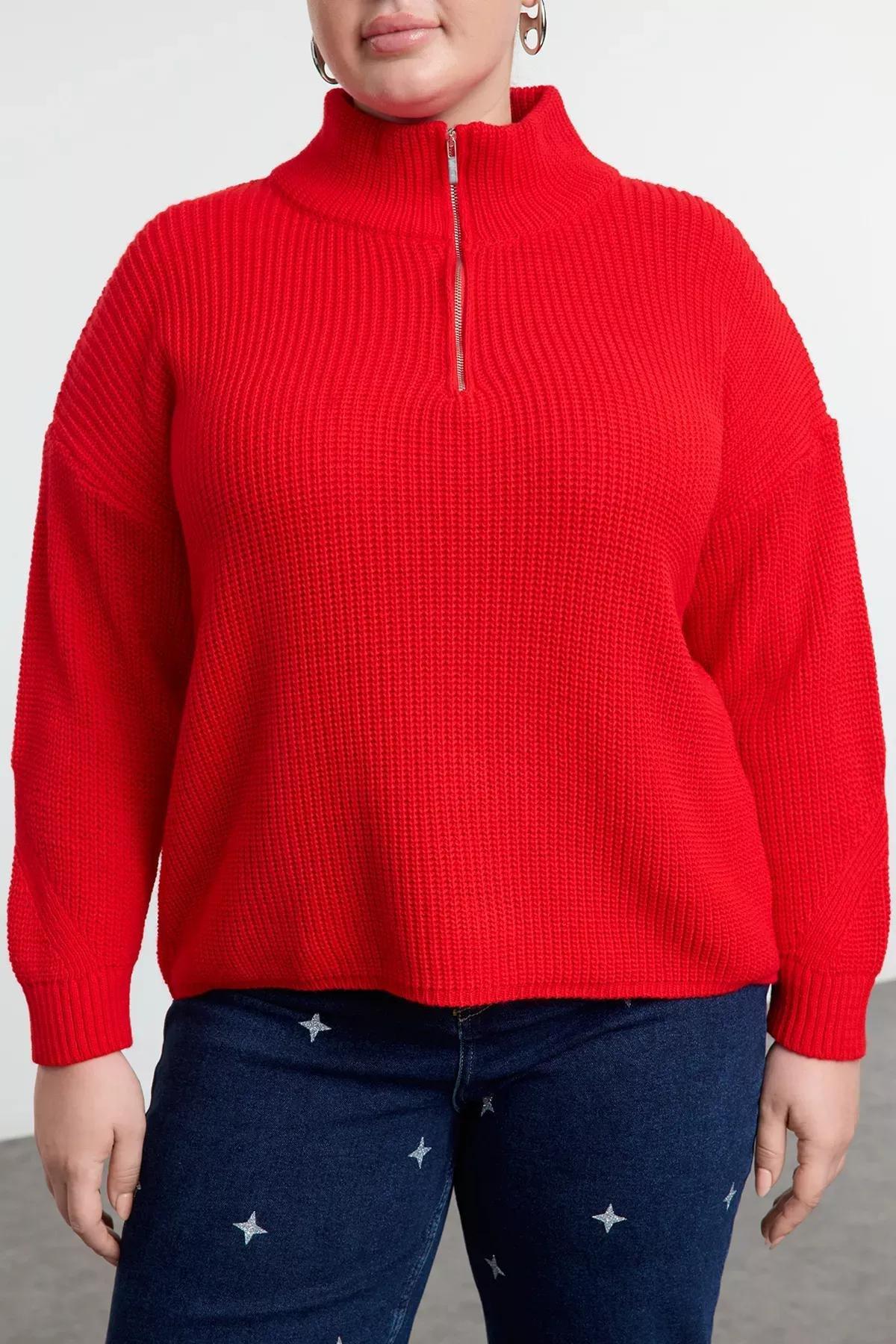 Red Zipper Collar Sweater, Red, large image number 2