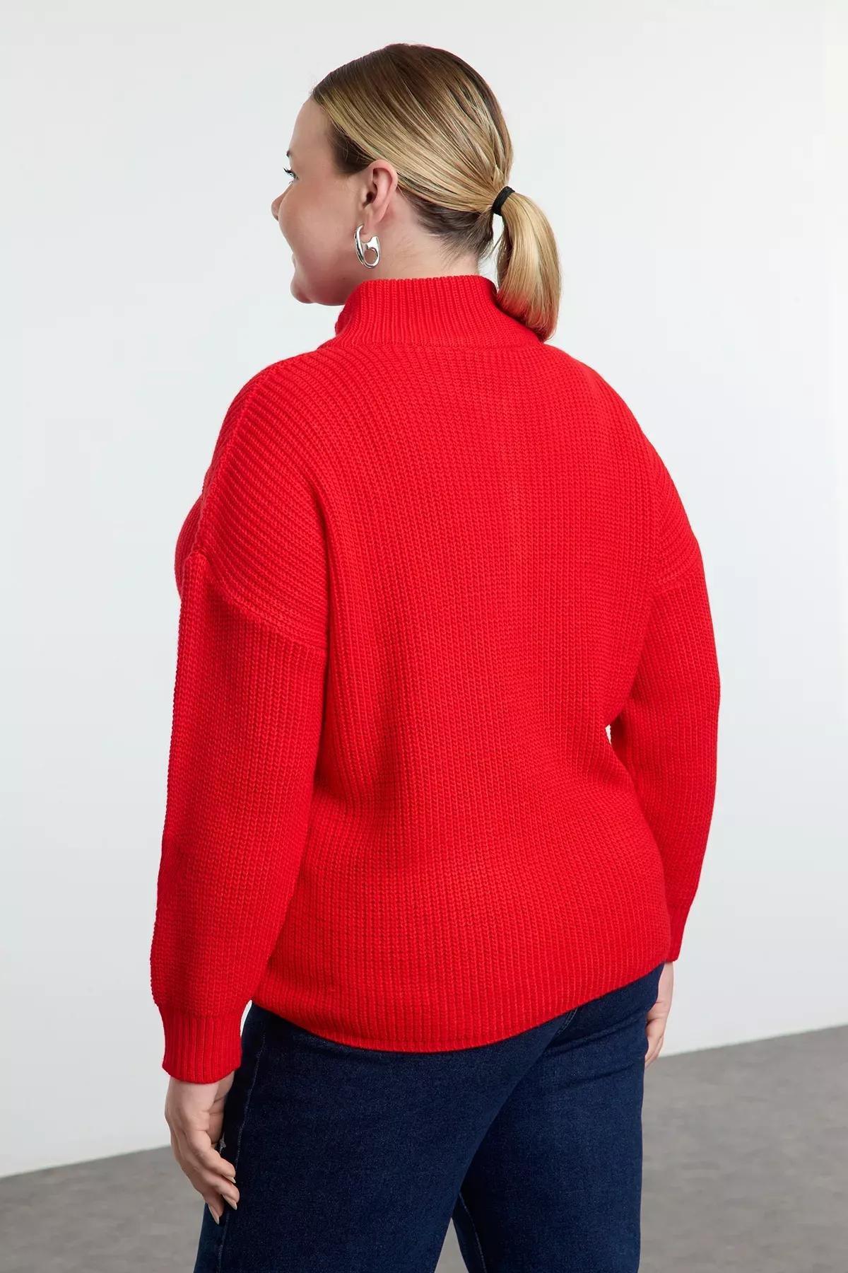Red Zipper Collar Sweater, Red, large image number 4