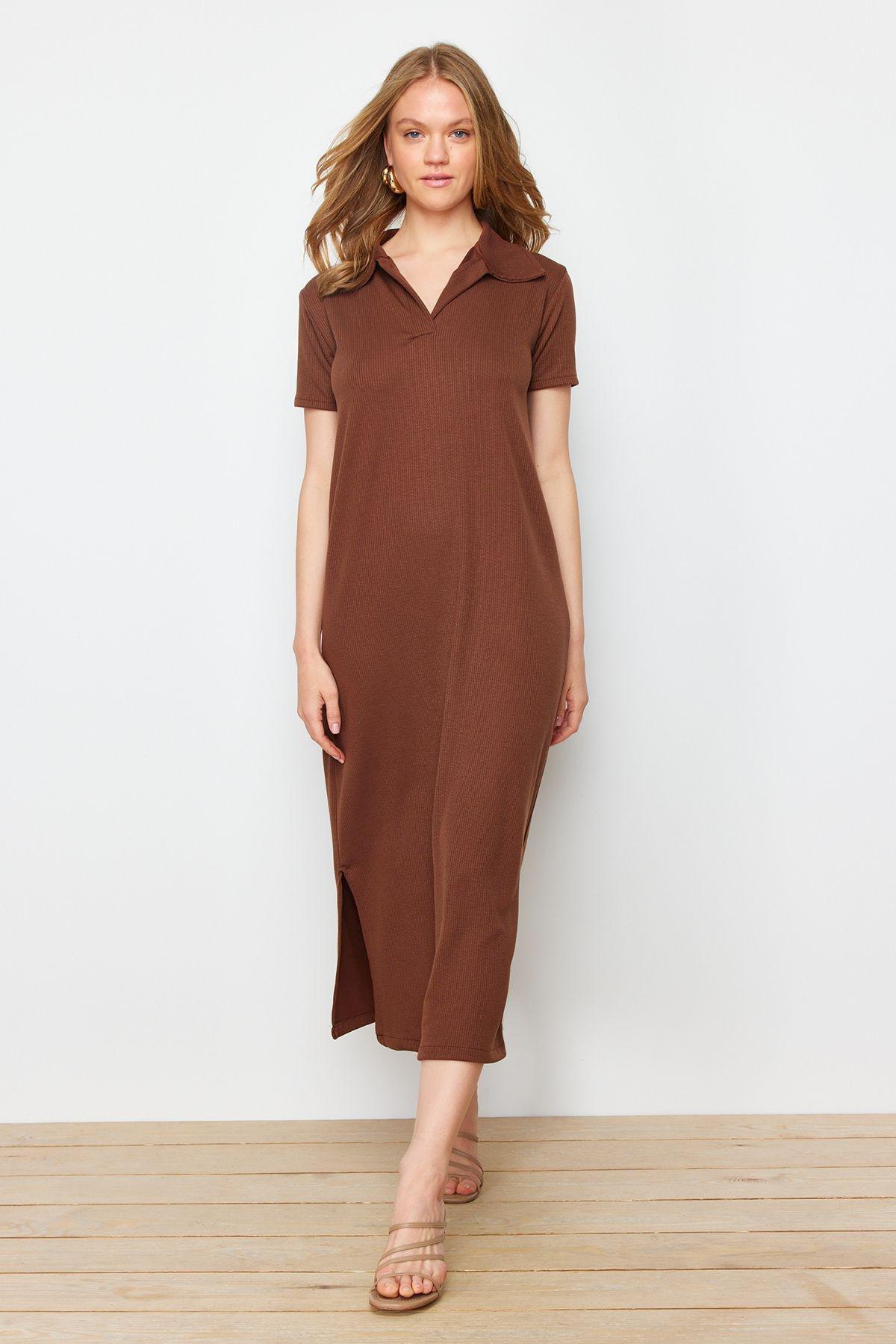 Brown Polo Neck Midi Knitted Dress, , medium