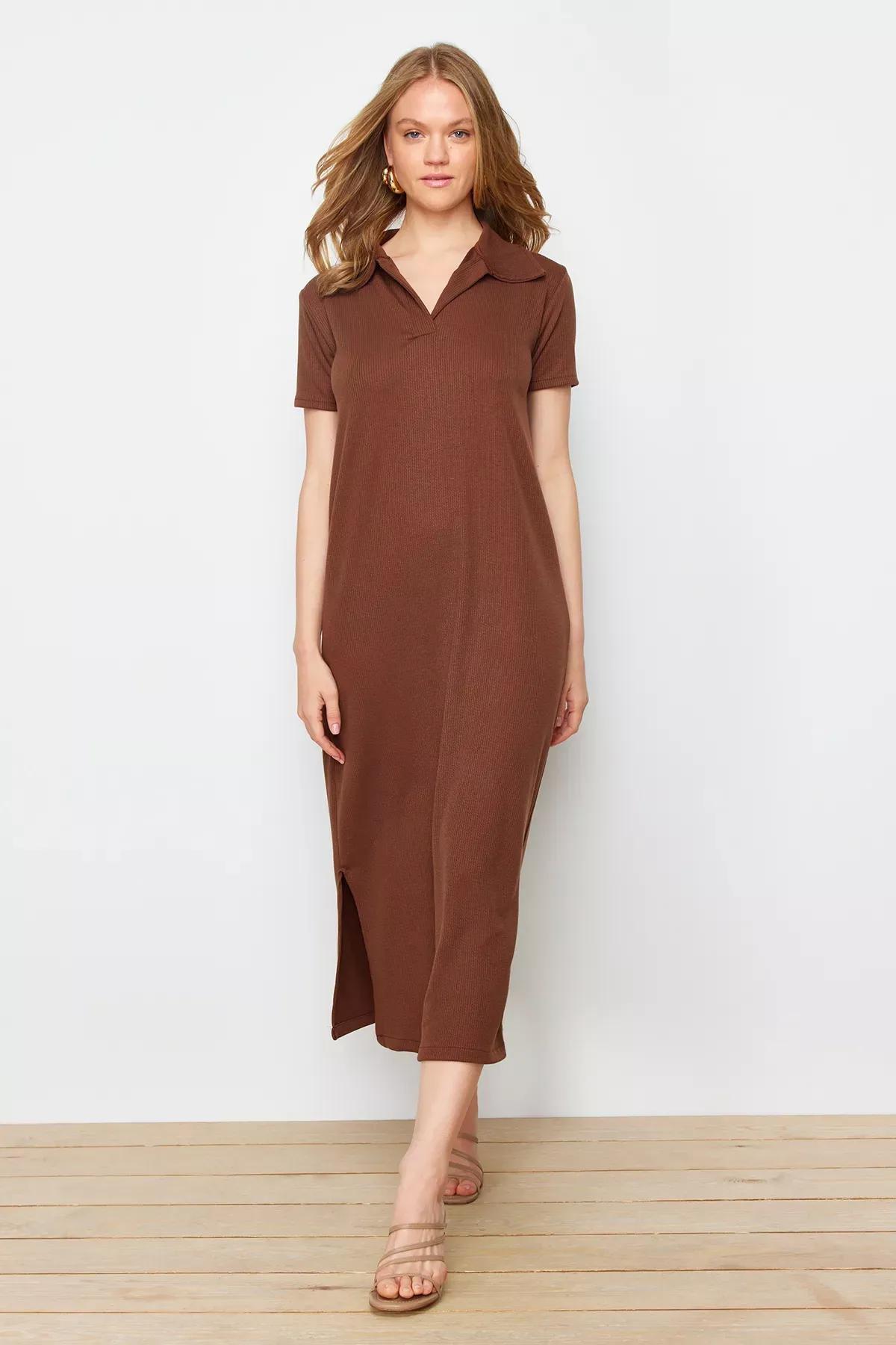 Brown Polo Neck Midi Knitted Dress, , medium