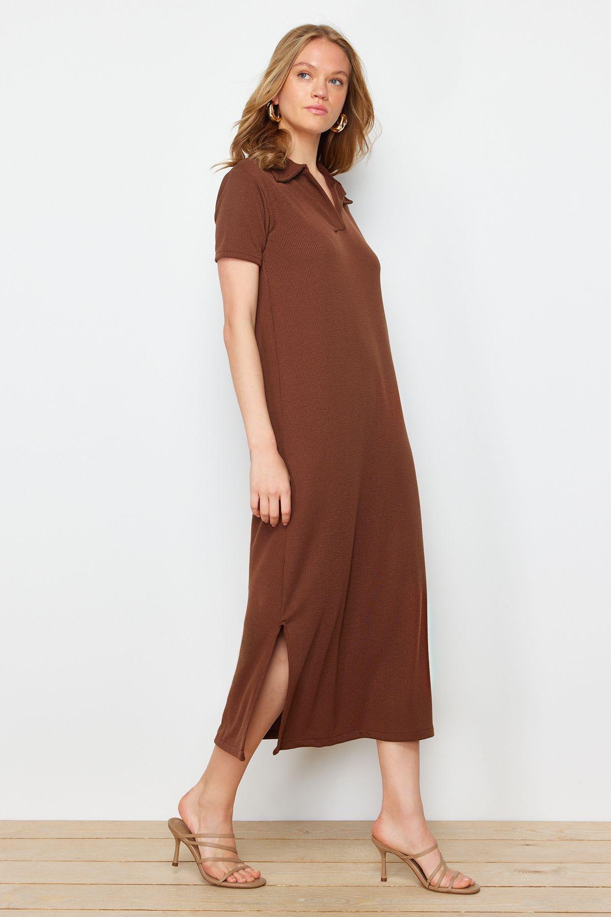 Brown Polo Neck Midi Knitted Dress, , large image number 1