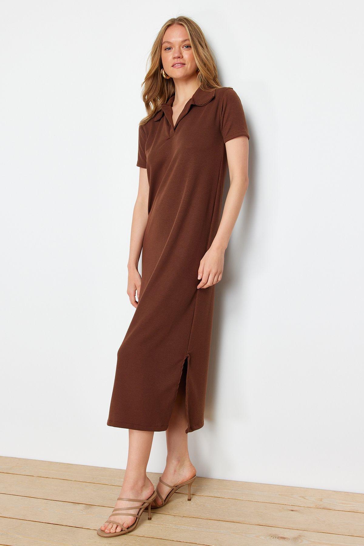 Brown Polo Neck Midi Knitted Dress, , large image number 2