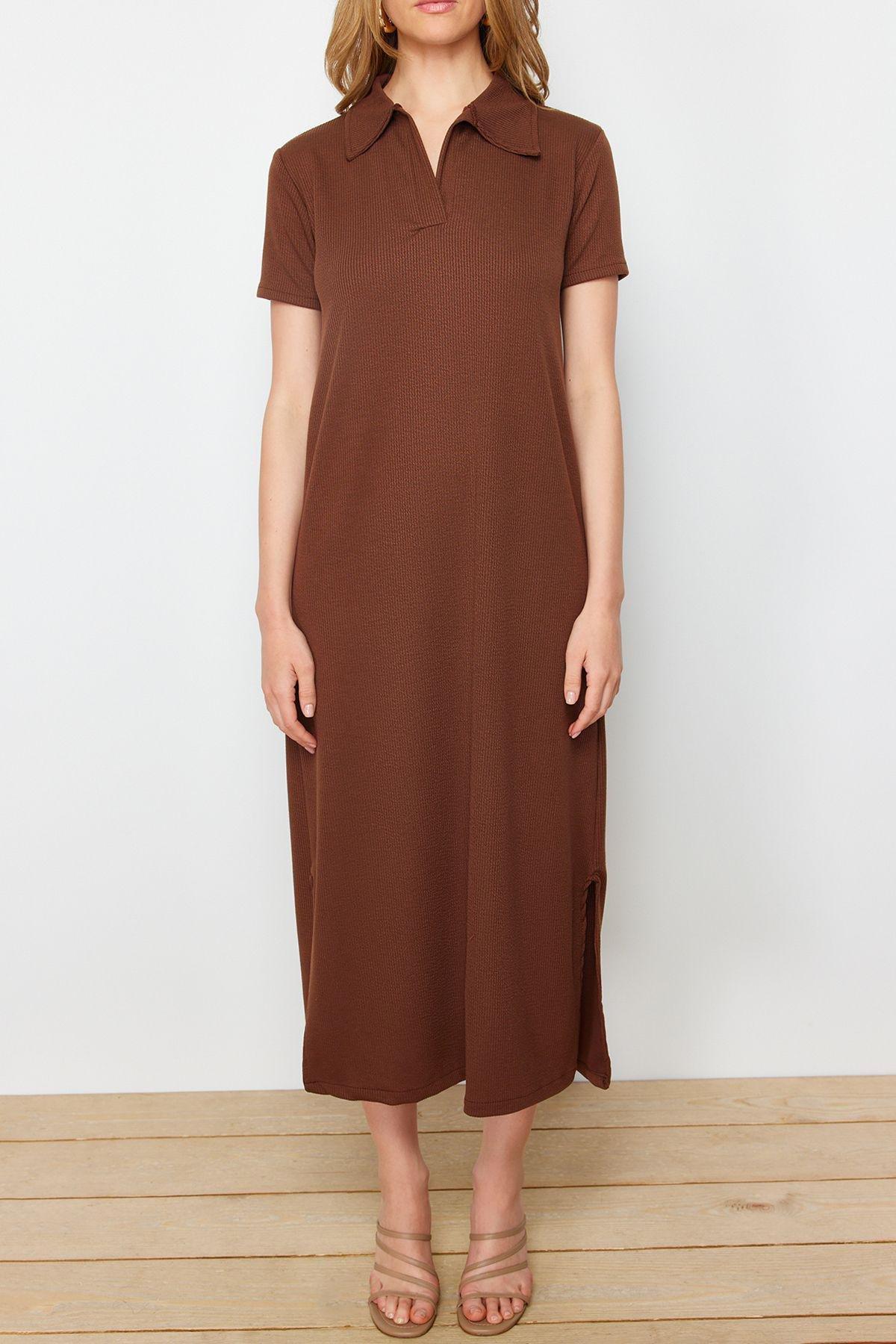 Brown Polo Neck Midi Knitted Dress, , large image number 3