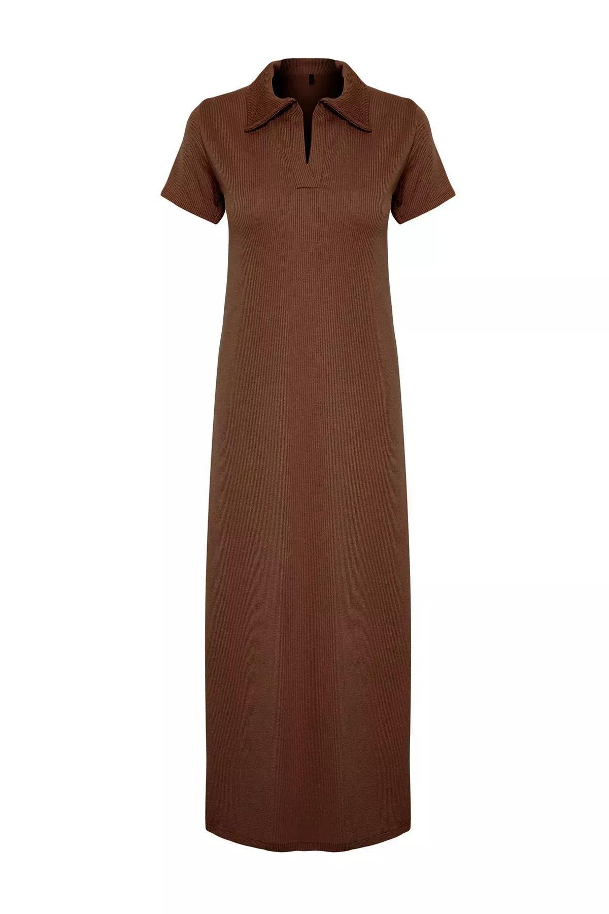 فستان مُحاك متوسط الطول بياقة بولو، بني, Brown, large image number 5