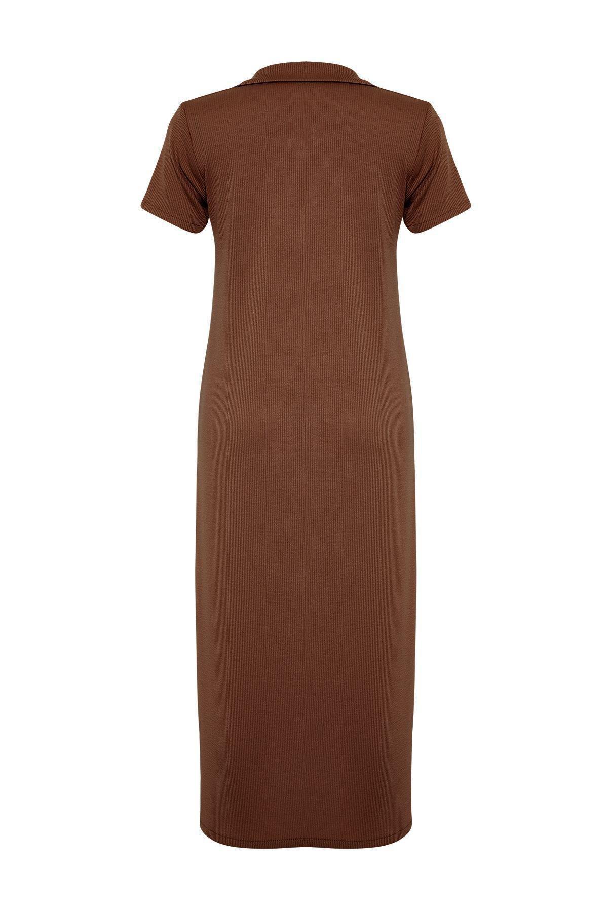 Brown Polo Neck Midi Knitted Dress, , large image number 6