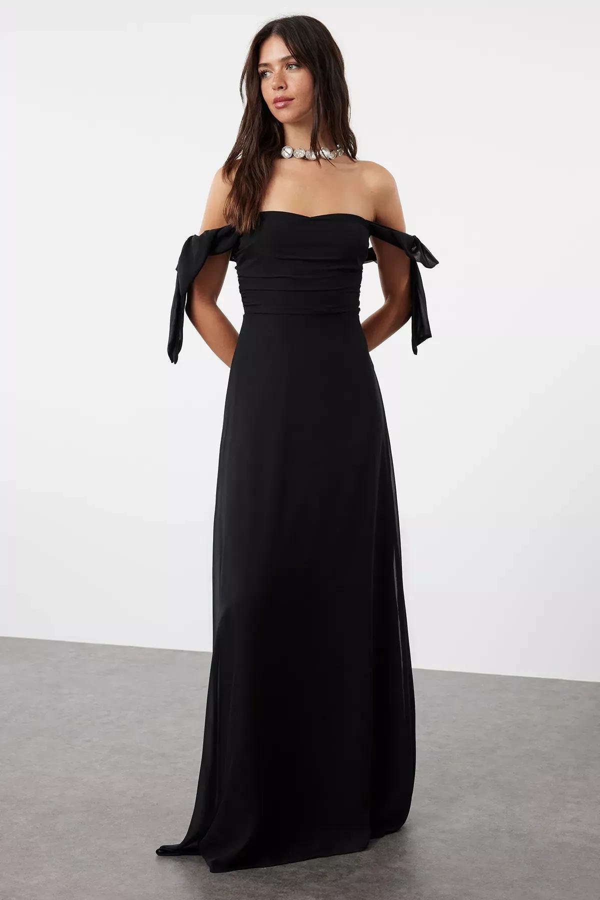 Black Ruched Bardot Maxi Dress, , large image number 0