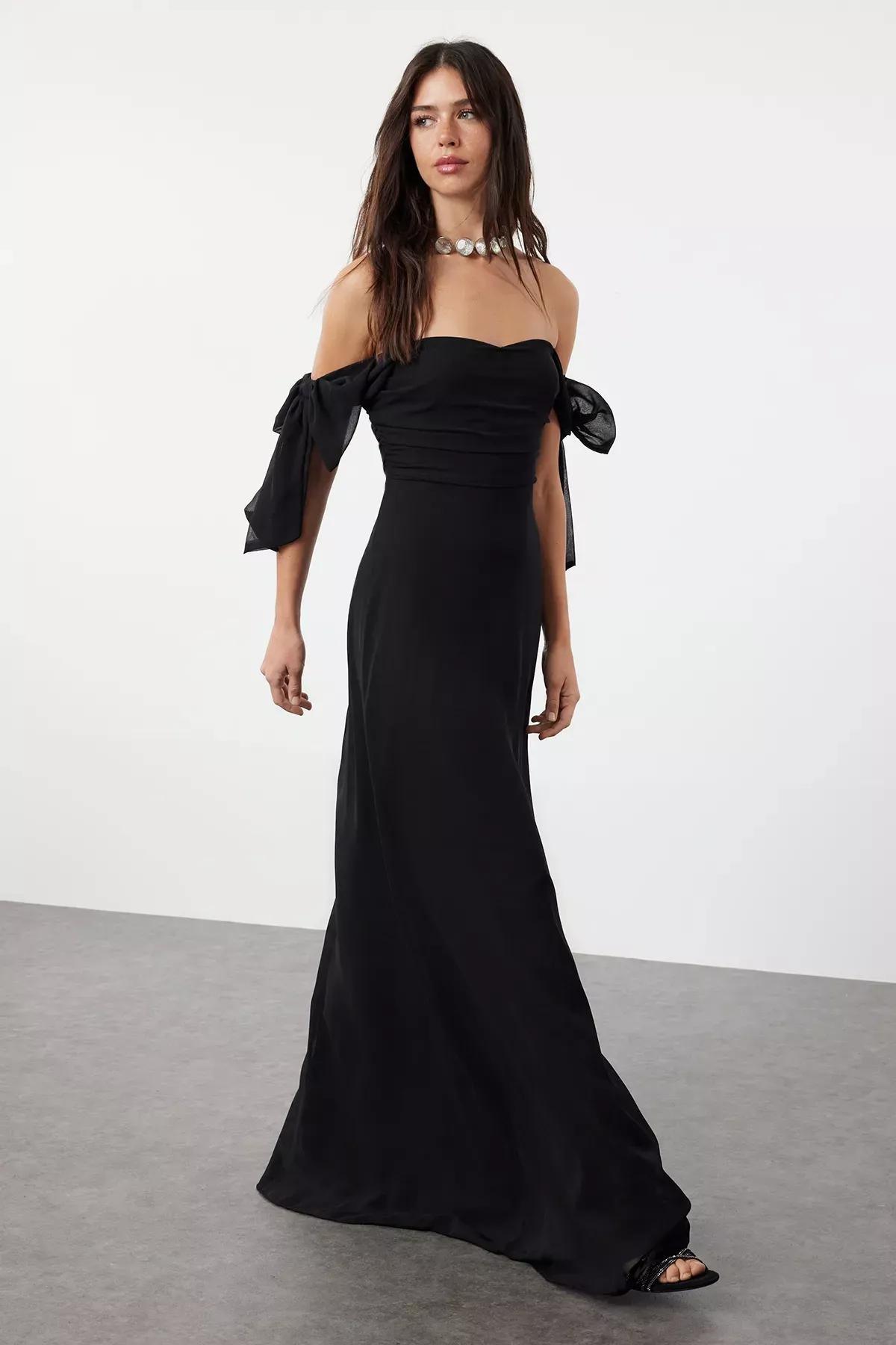 Black Ruched Bardot Maxi Dress, , large image number 1