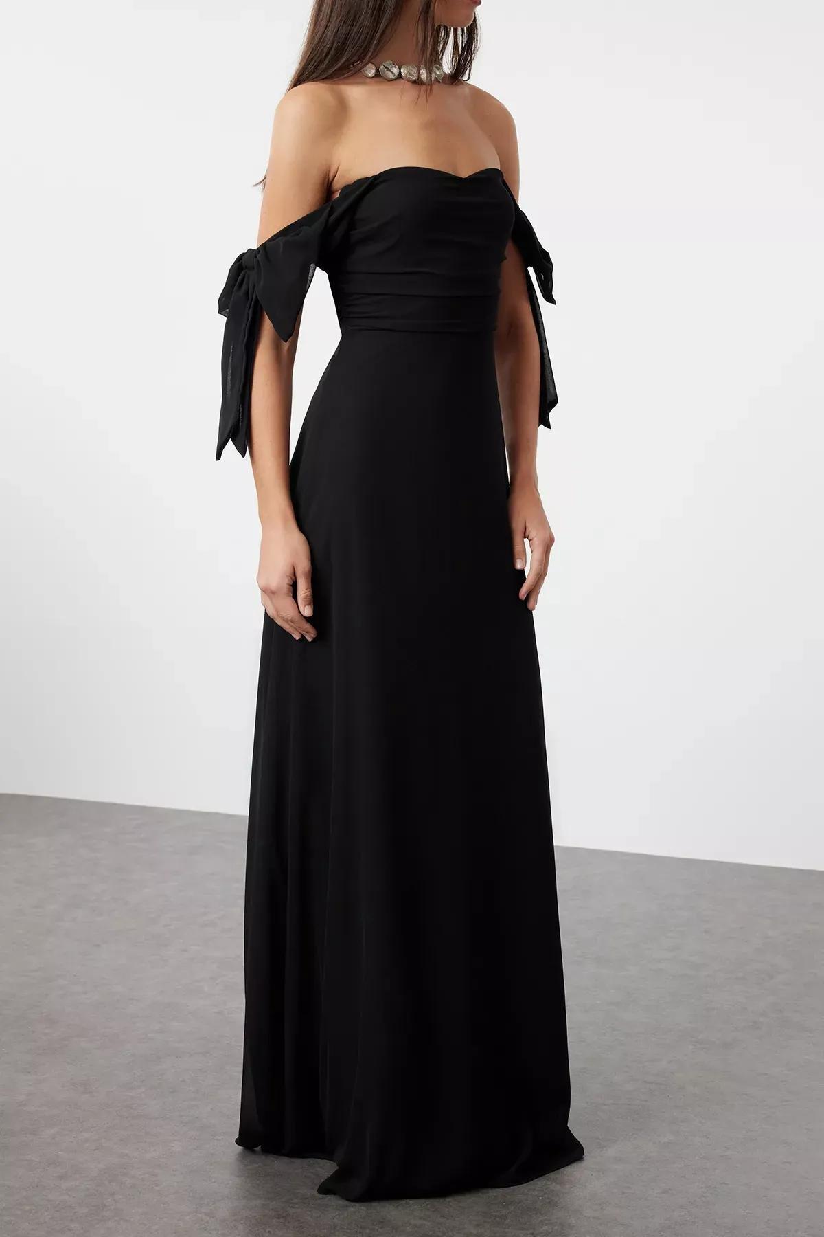 Black Ruched Bardot Maxi Dress, , large image number 2