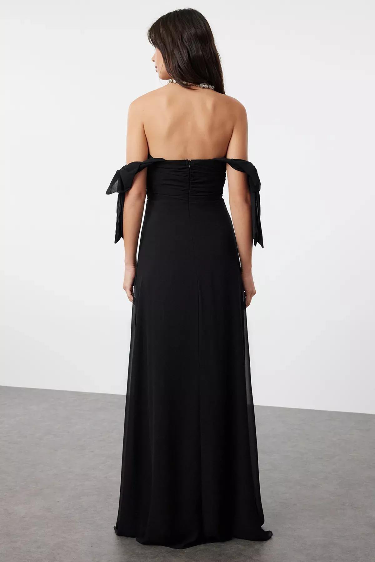 Black Ruched Bardot Maxi Dress, , large image number 4